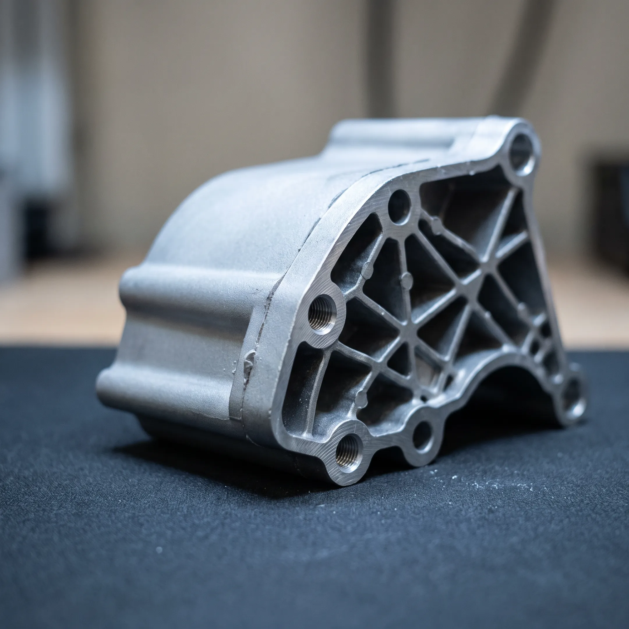 Close-up of a precision engineered metal cast component displaying intricate surface details.