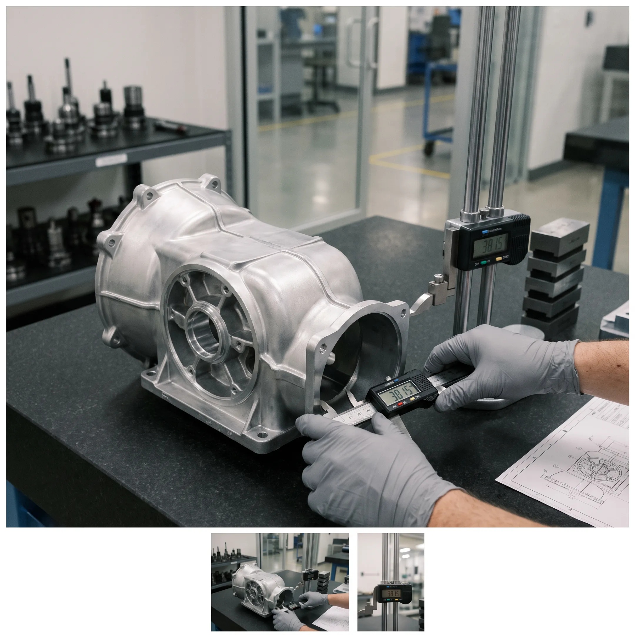 Precision engineered custom metal die casting component resting on an industrial inspection workbench.