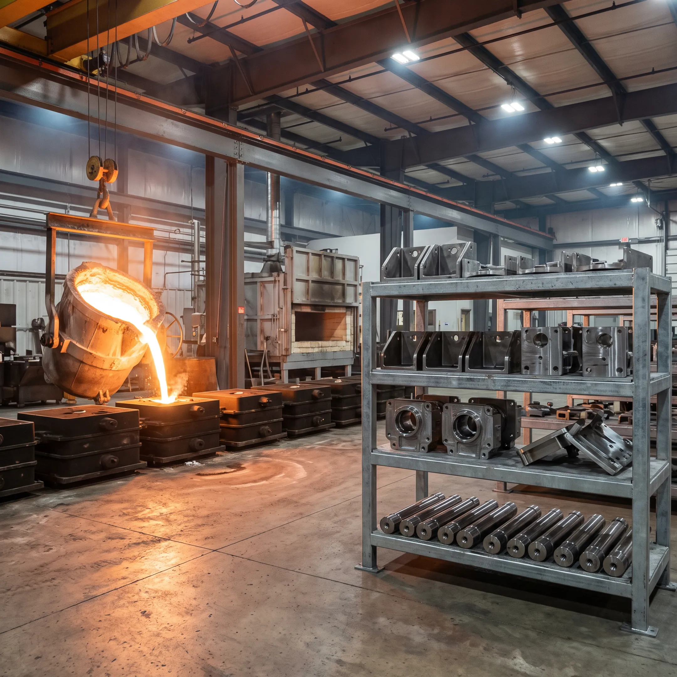 Industrial metal casting and custom metal fabrication components in a manufacturing facility