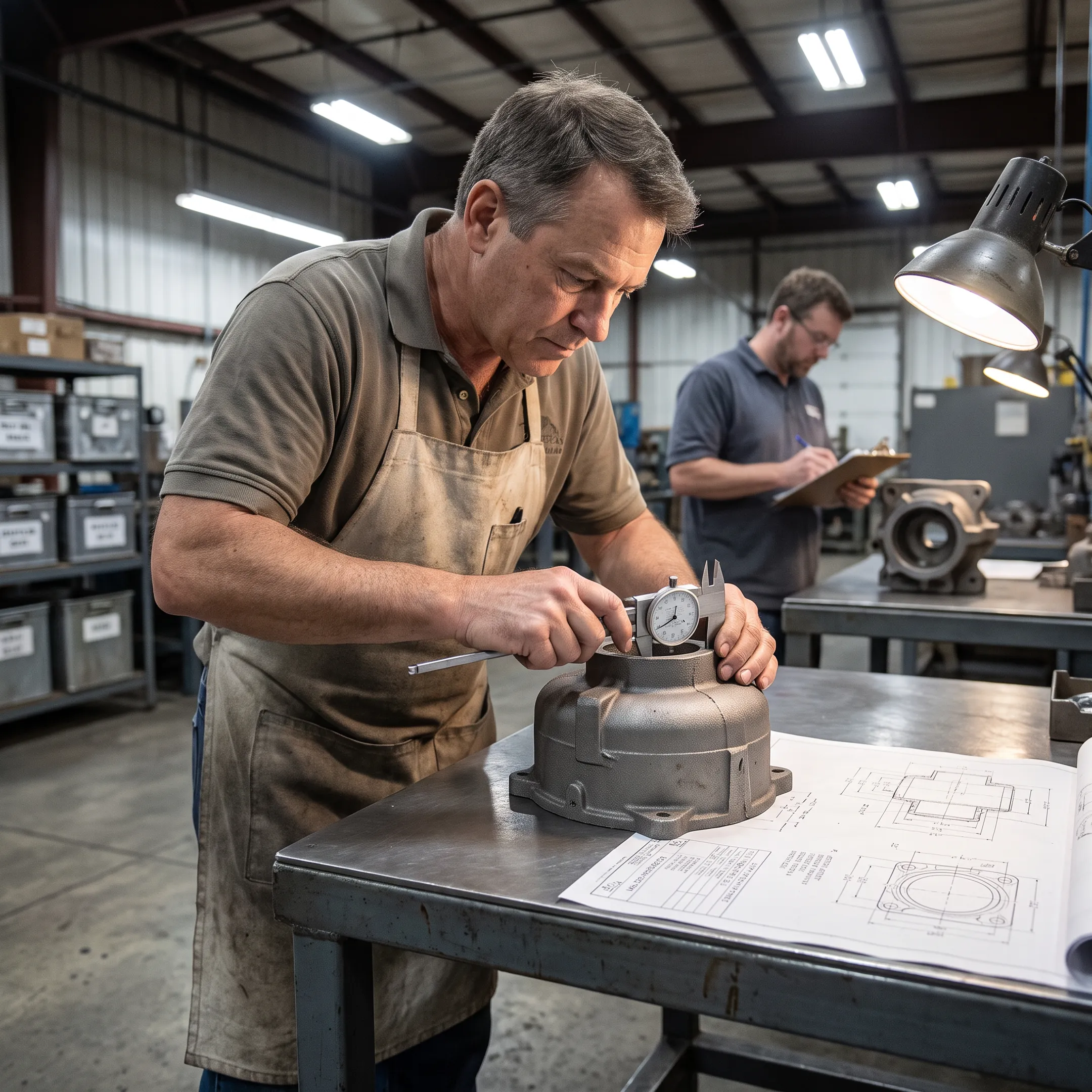 Engineers reviewing custom sand casting component quality