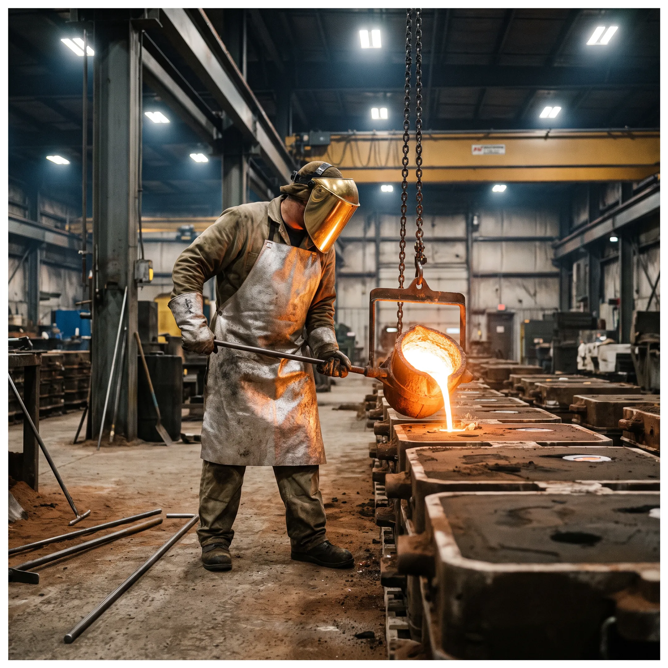 Industrial sand casting process in an advanced foundry workshop