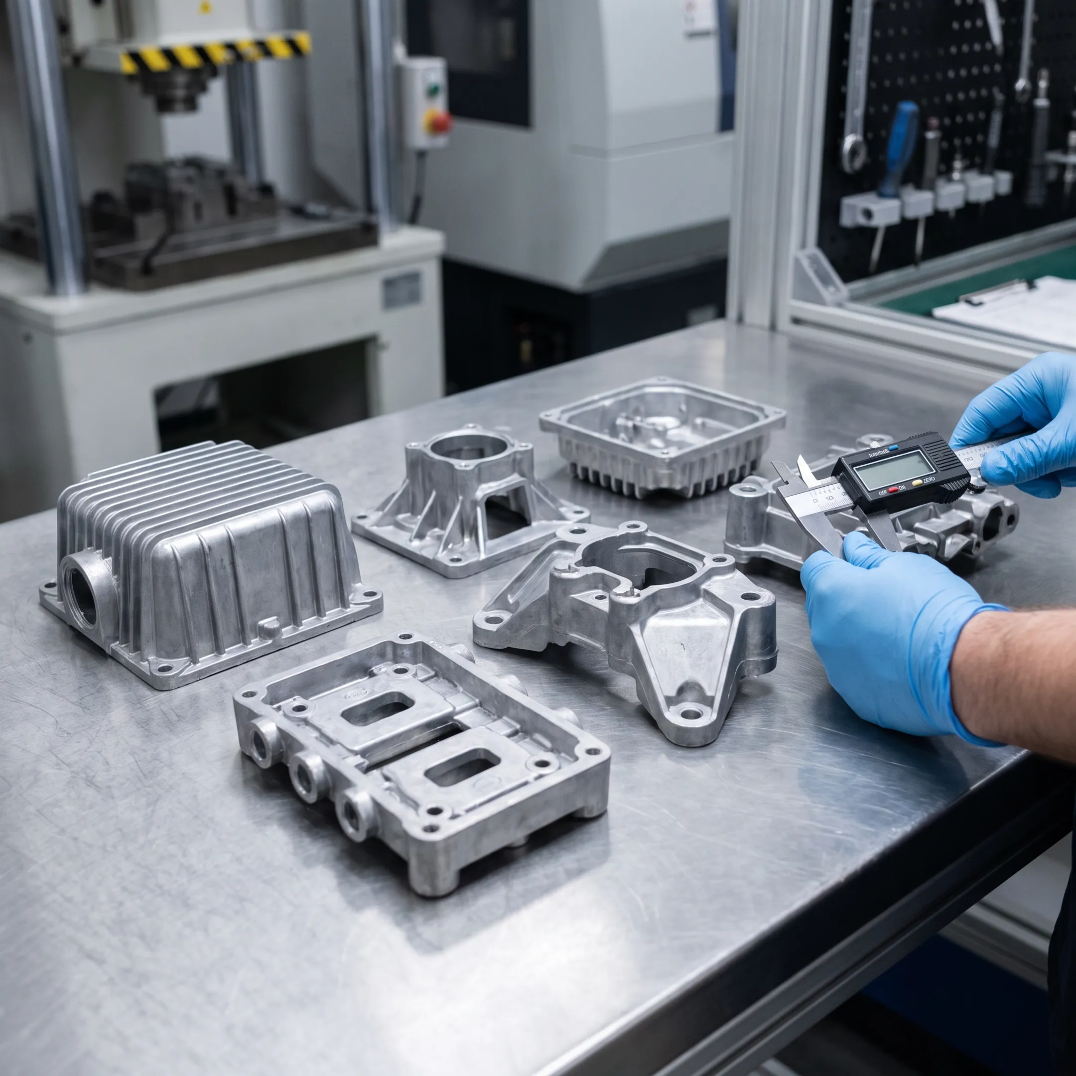 High precision zinc die cast metal components on a factory inspection table