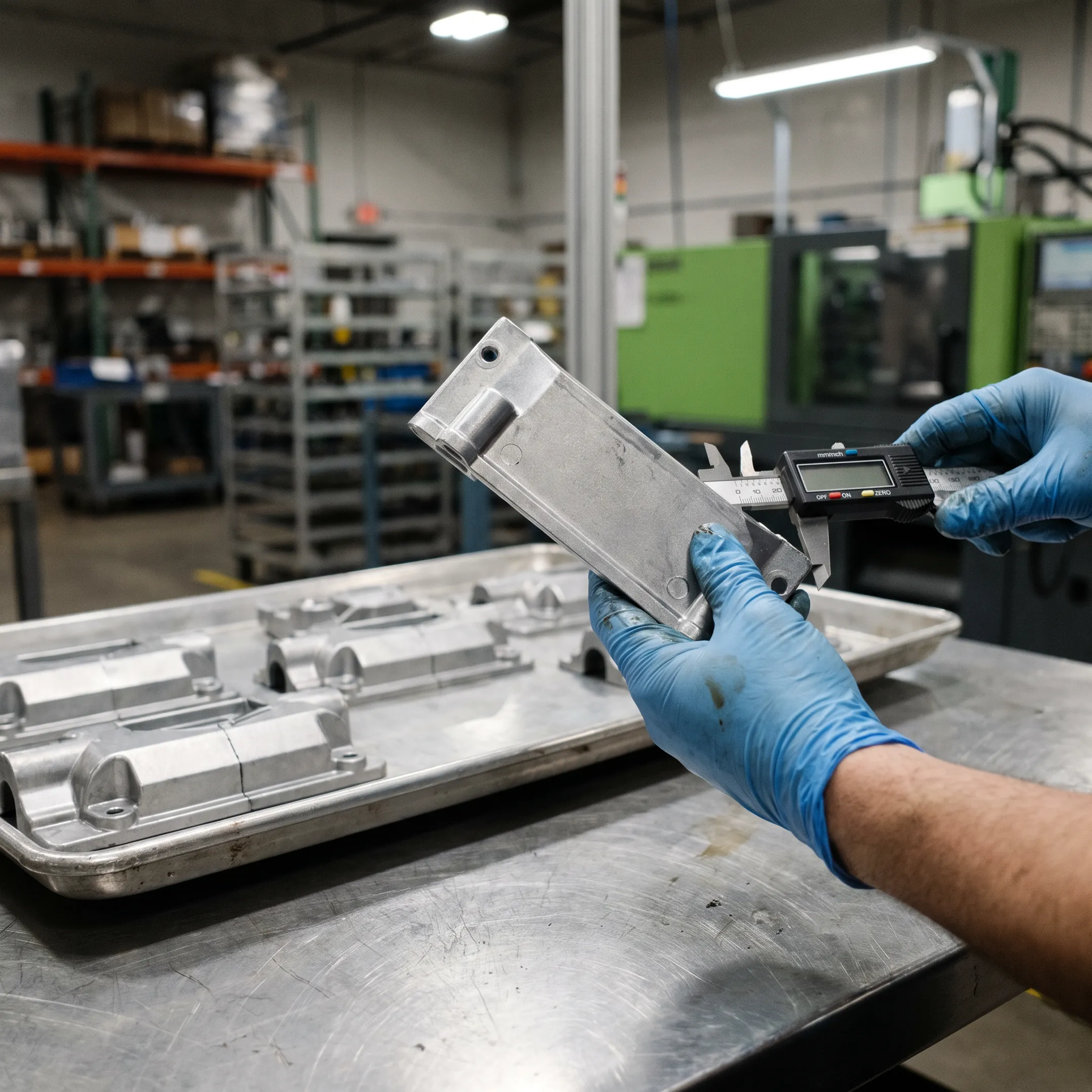 Precision zinc die cast parts being manufactured and checked for quality