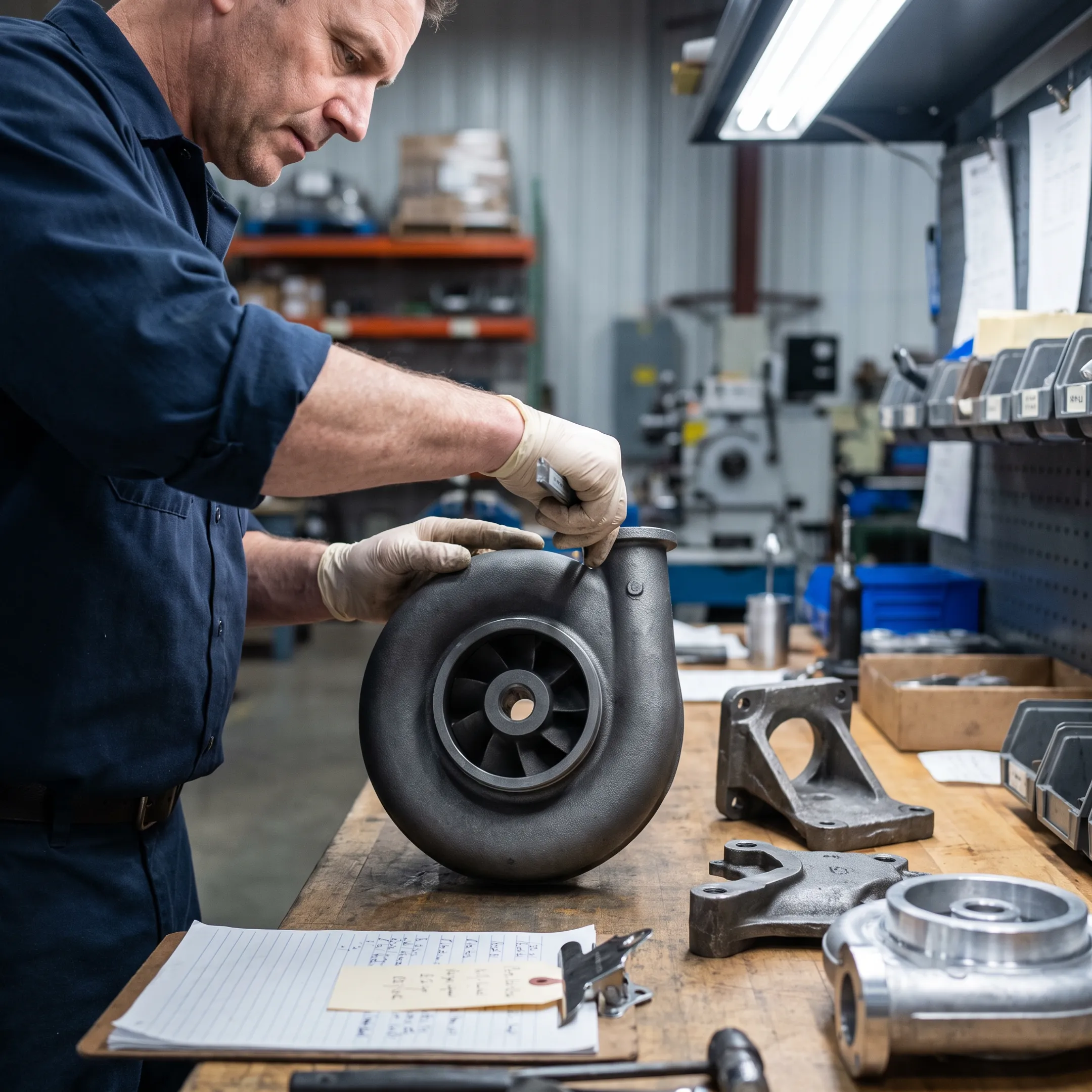 Engineered cast components undergoing industrial quality inspection