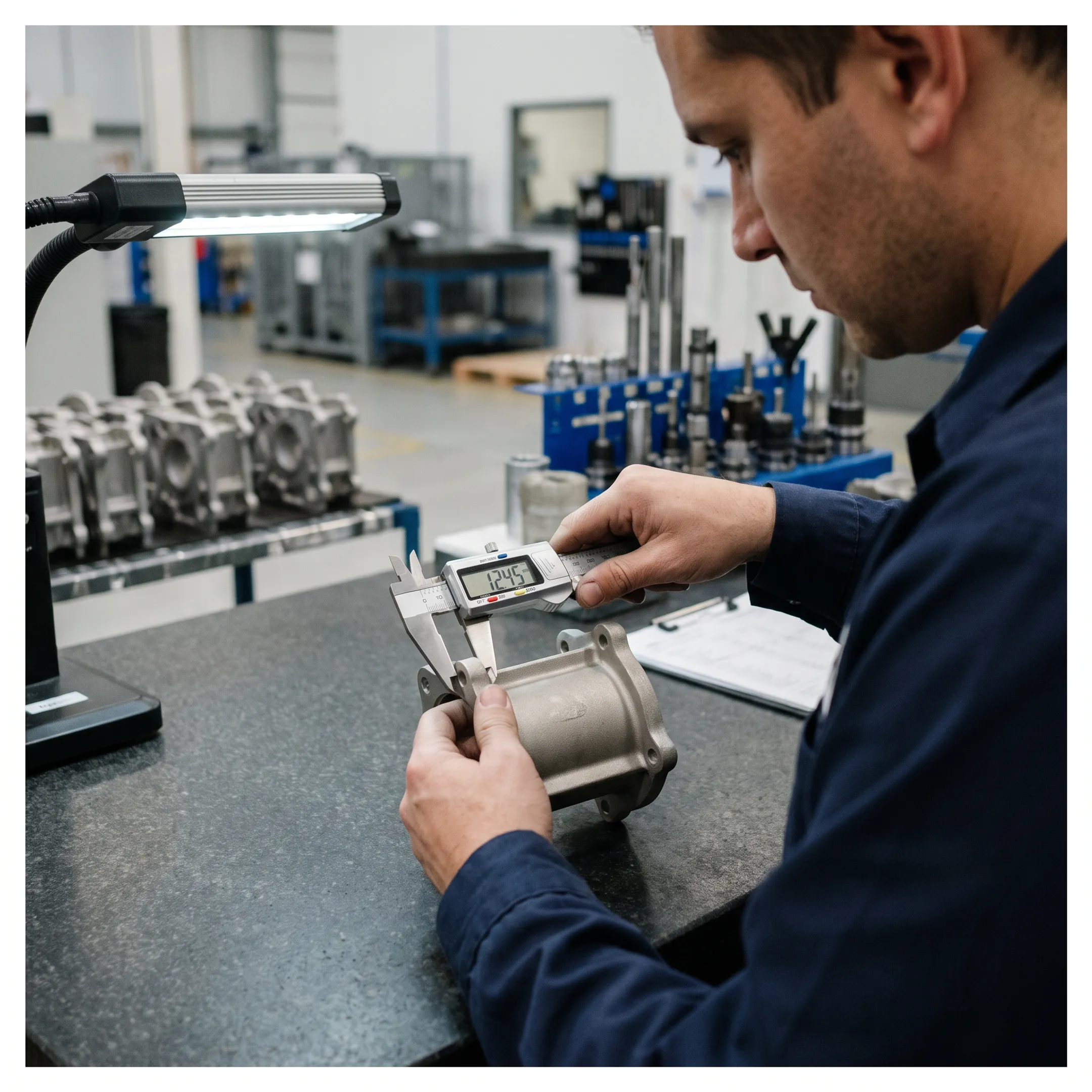 Quality control engineer inspecting precision cast metal parts