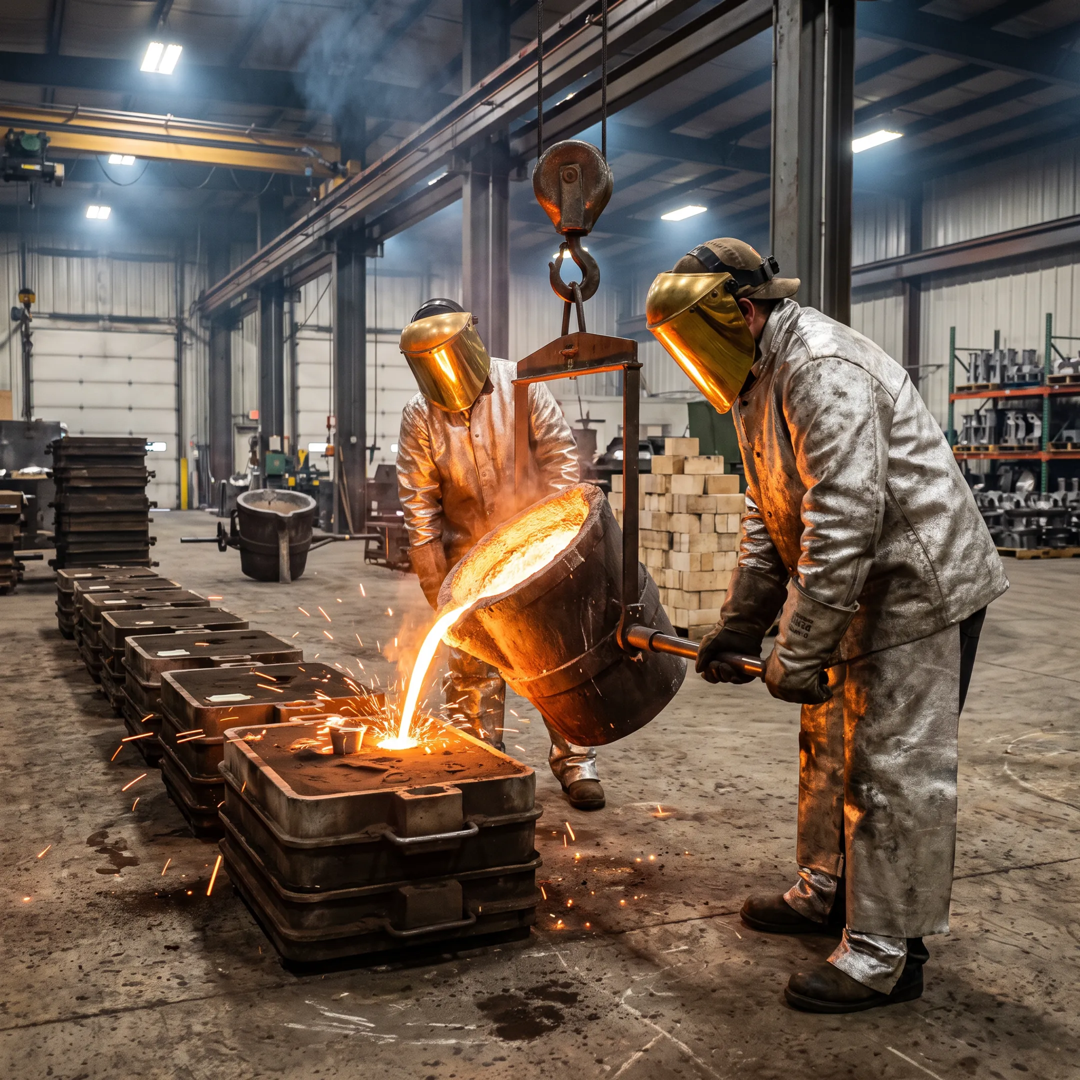 Industrial metal casting facility pouring molten metal into molds