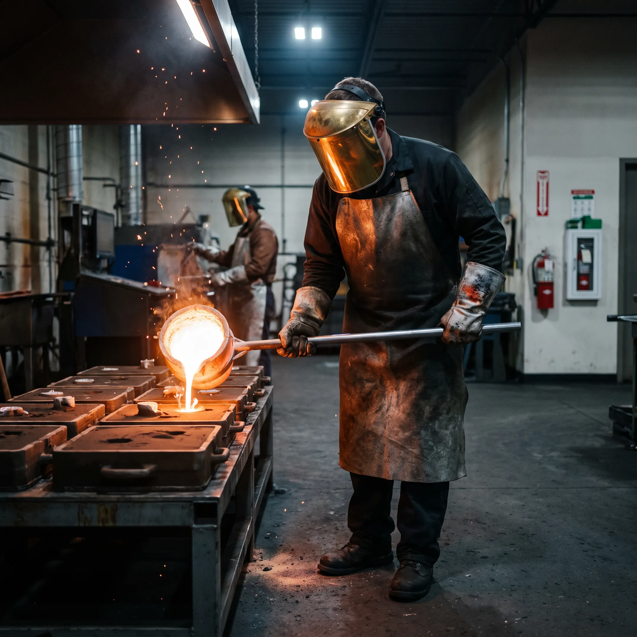 Molten metal alloy being poured into industrial casting molds inside a modern foundry facility.