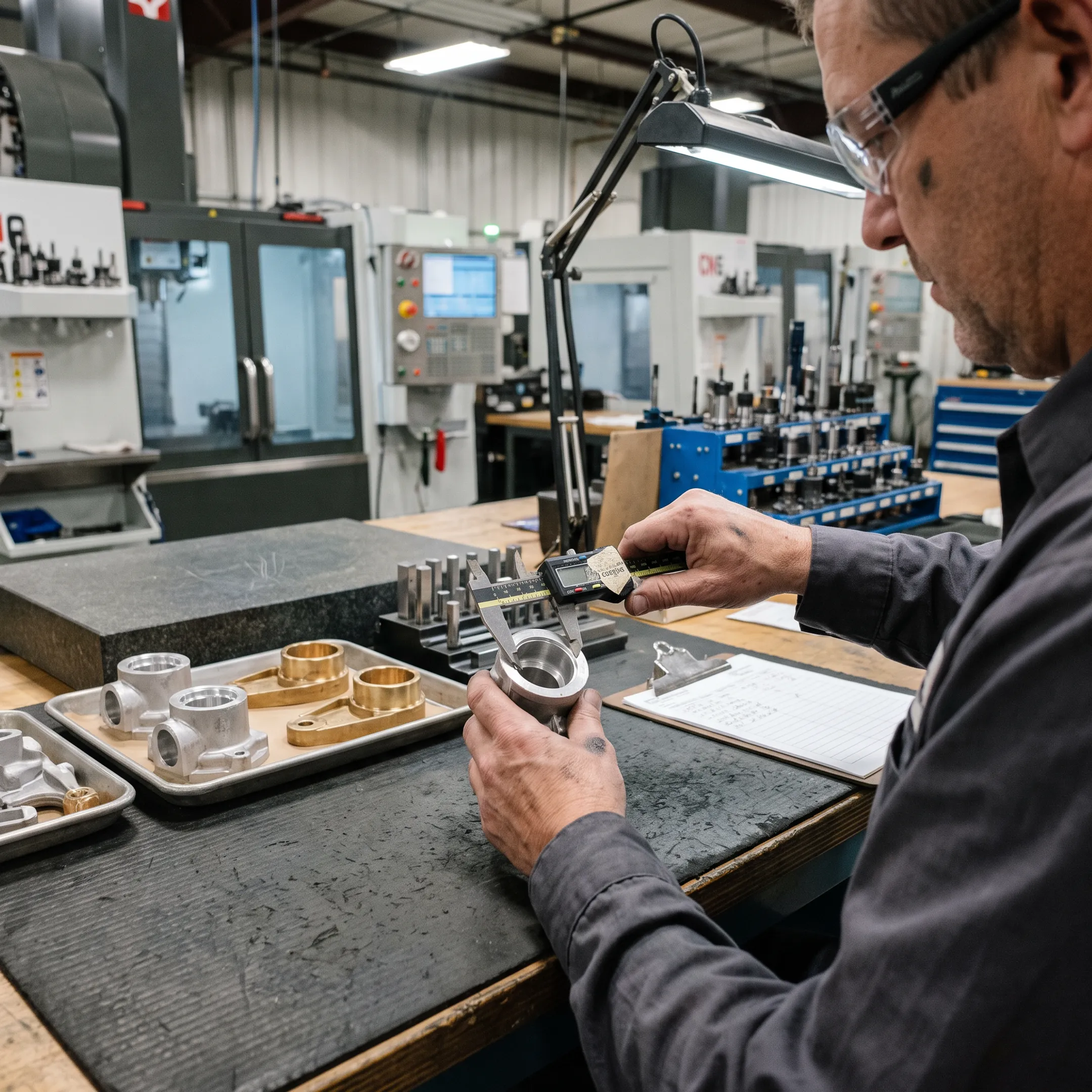 Detailed view of precision-cast aluminum and brass alloy industrial components.