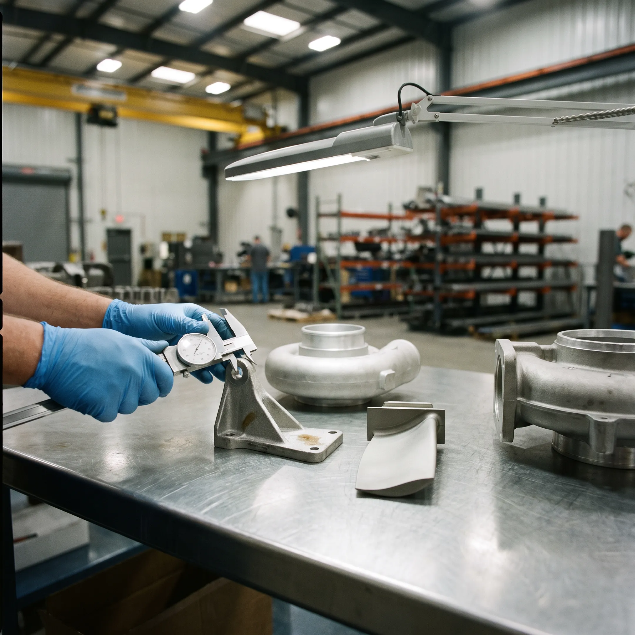 Precision metal casting components arranged in a manufacturing facility