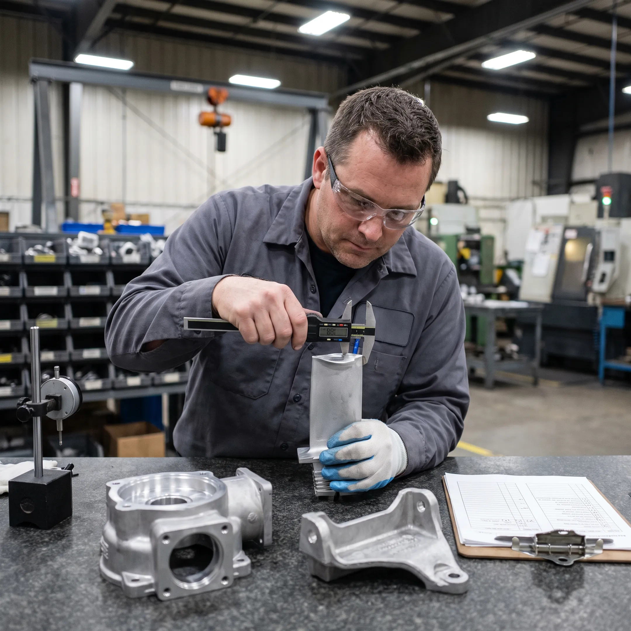 Technician inspecting cast aluminum and investment cast components