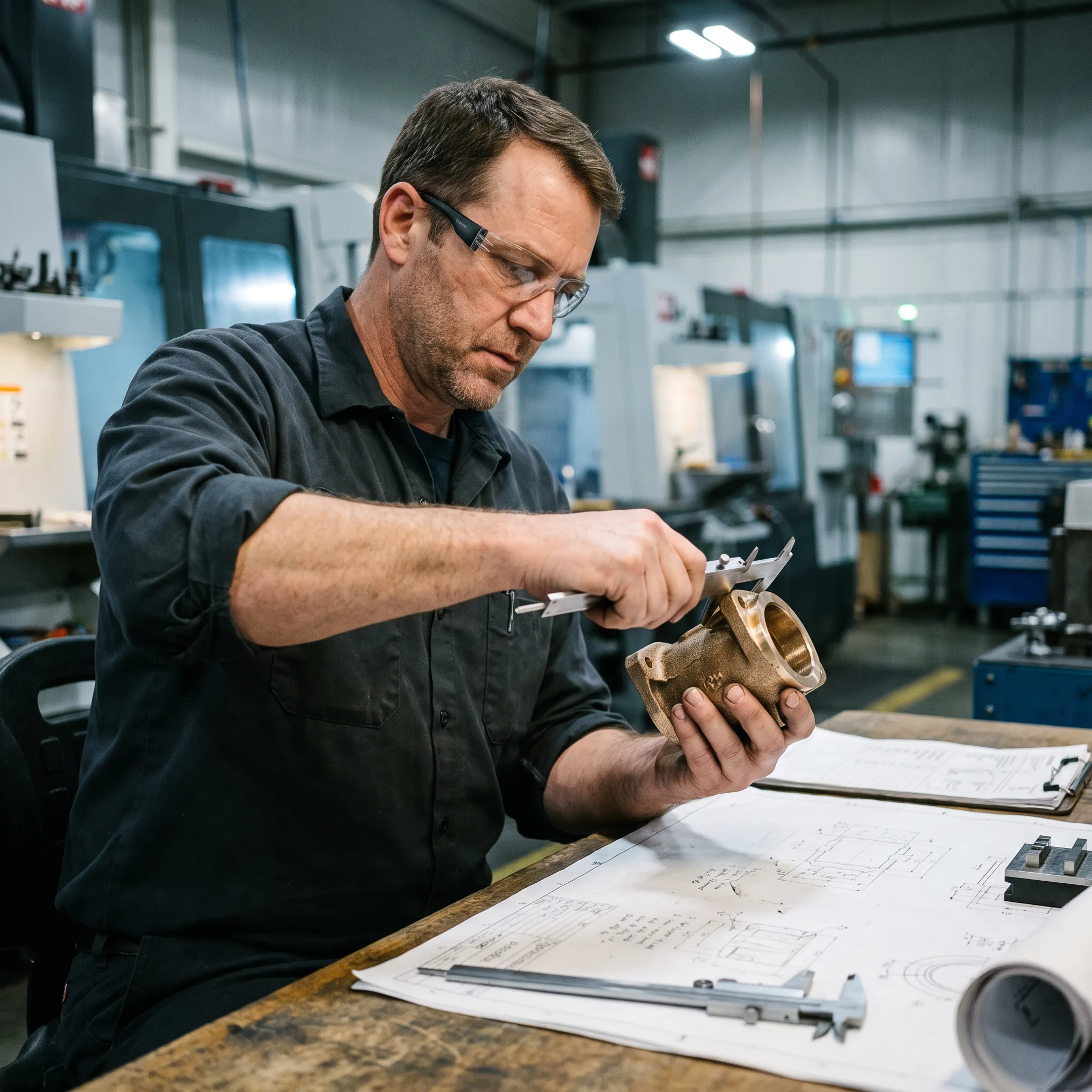 Engineer inspecting a bronze casting beside technical drawings