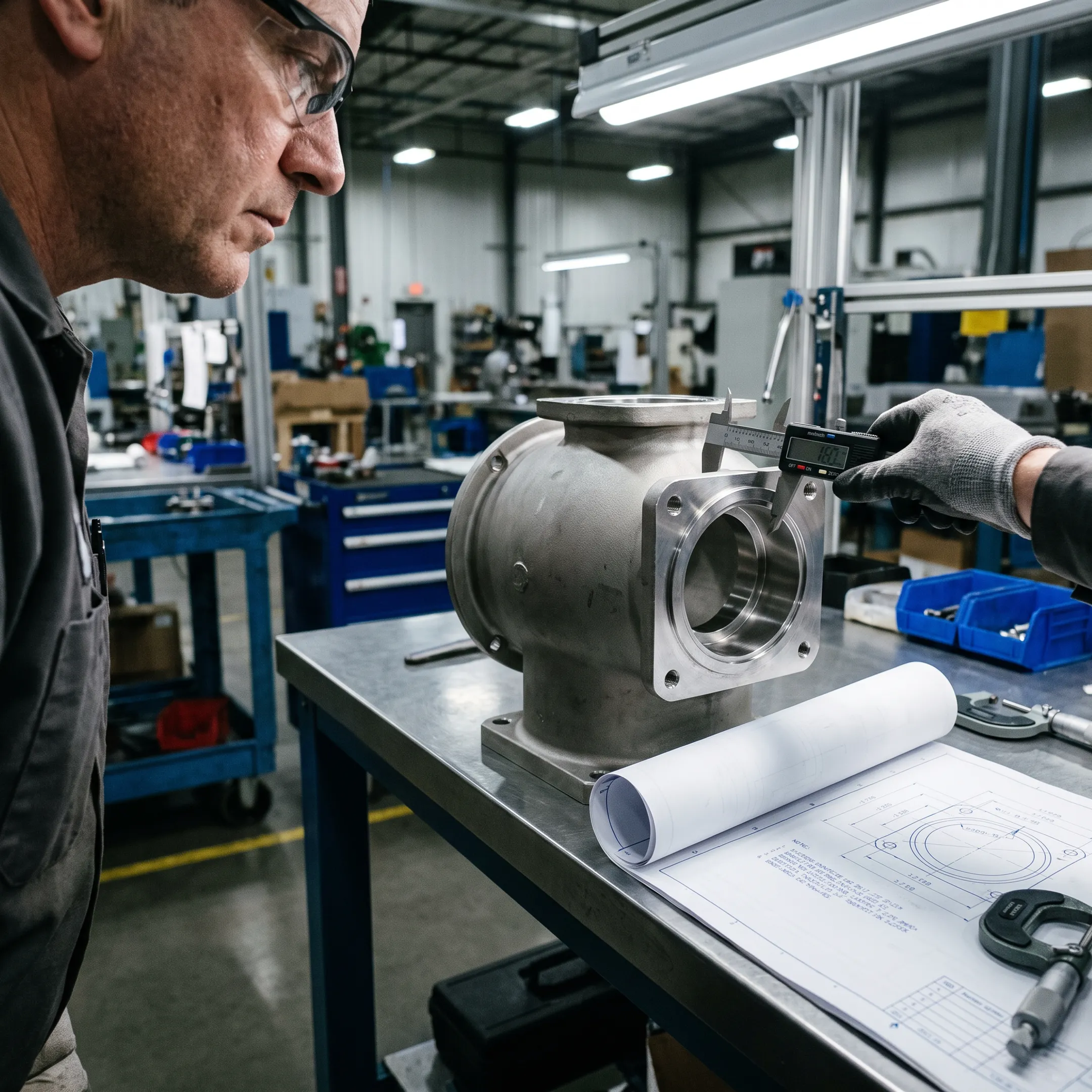 Technician examining a stainless steel cast component
