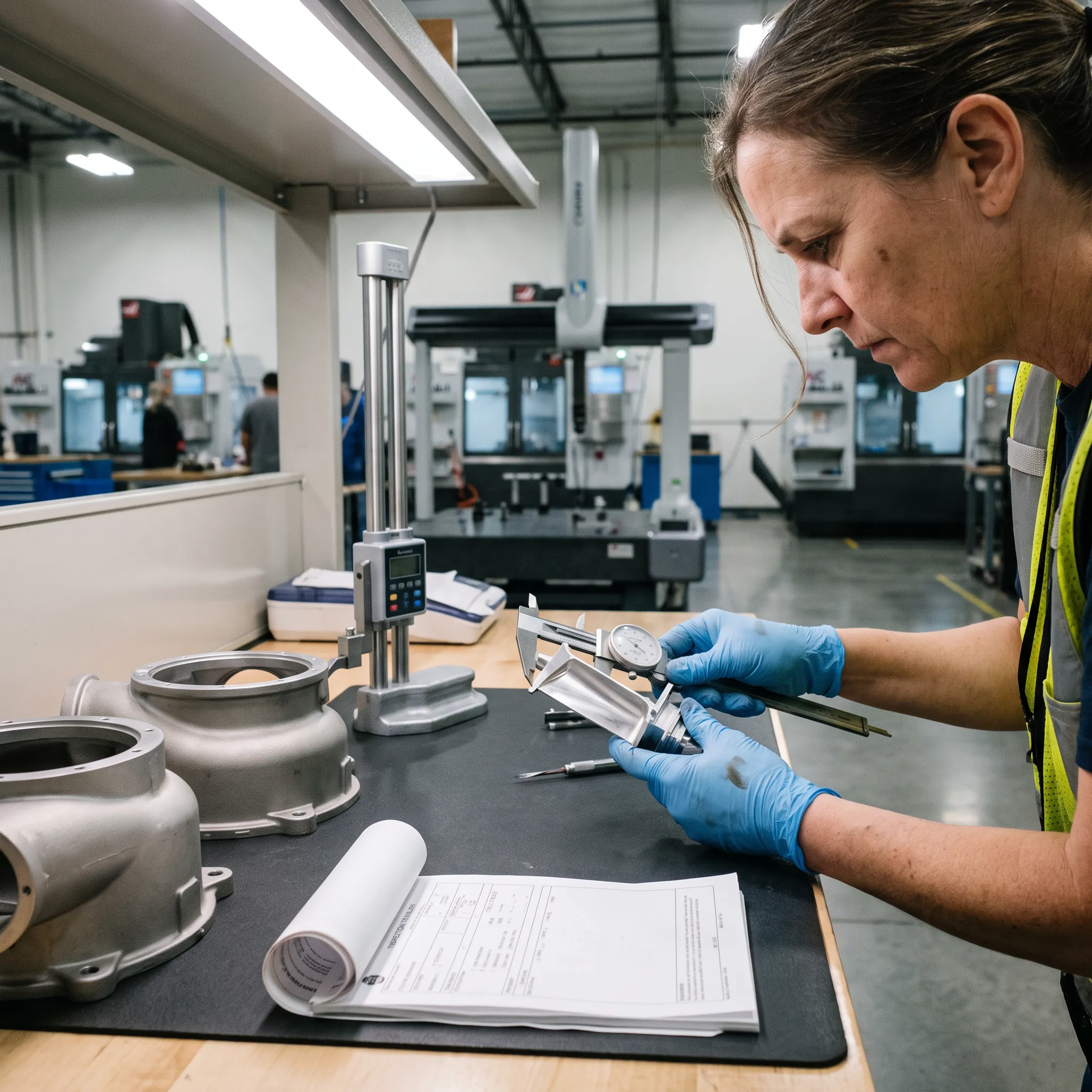 Technician inspecting precision cast aerospace components