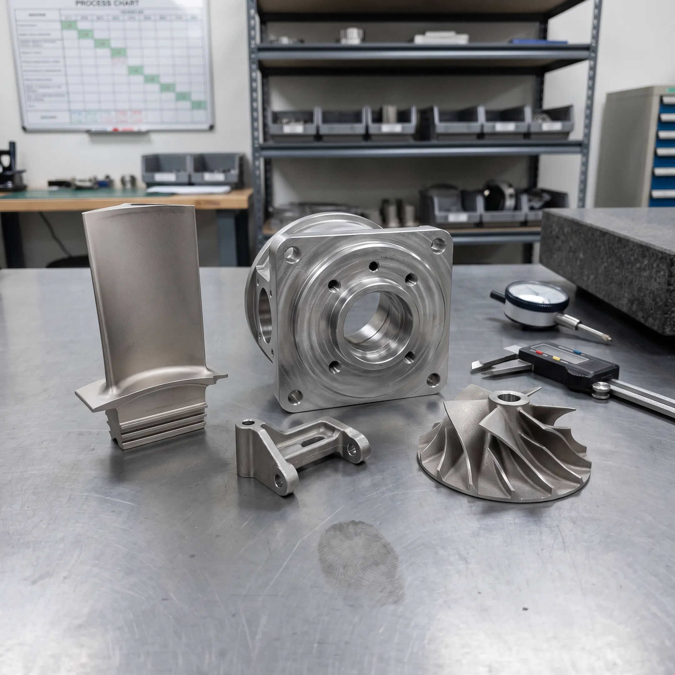 Precision cast aerospace and defense components arranged in a manufacturing facility