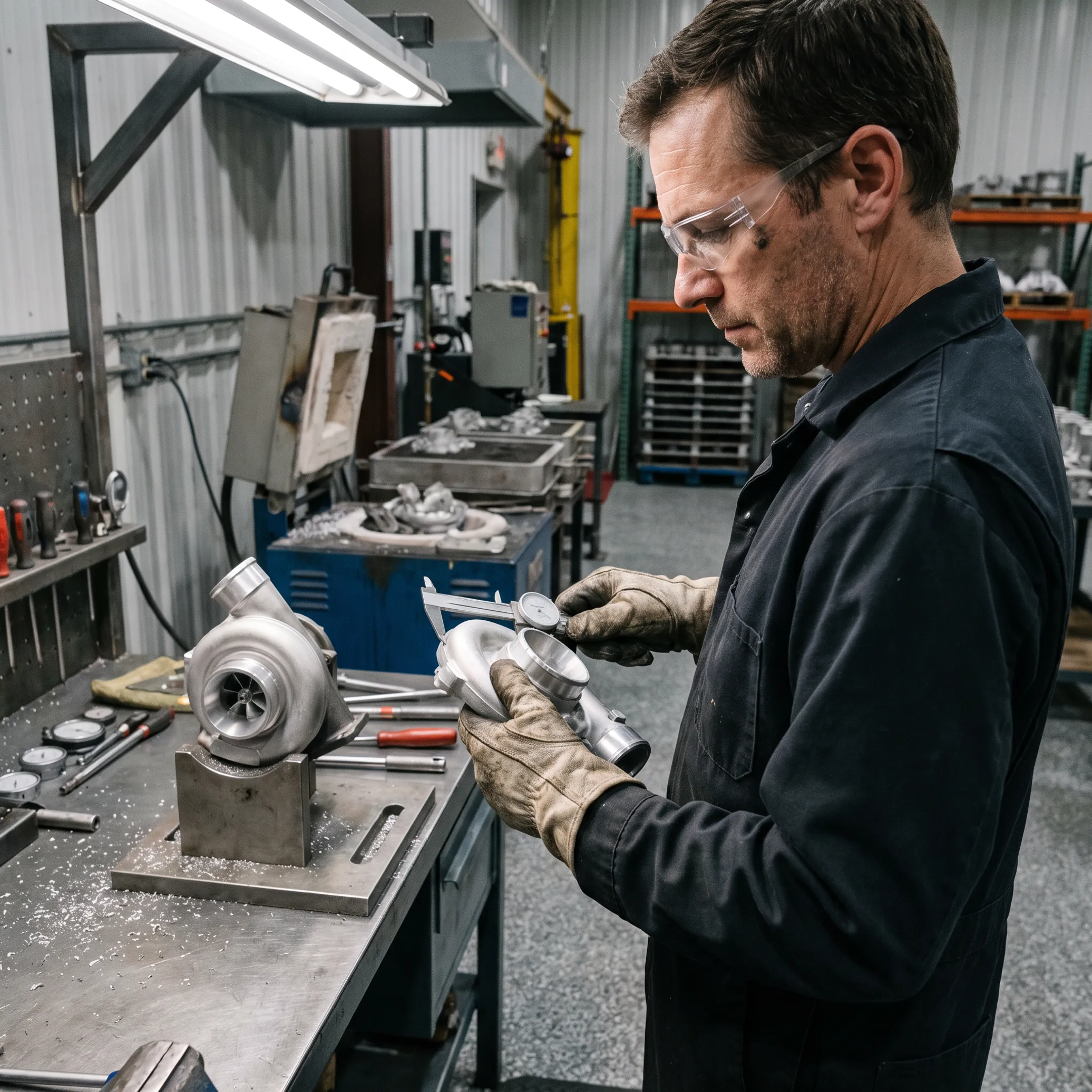 Technician reviewing aluminum cast components