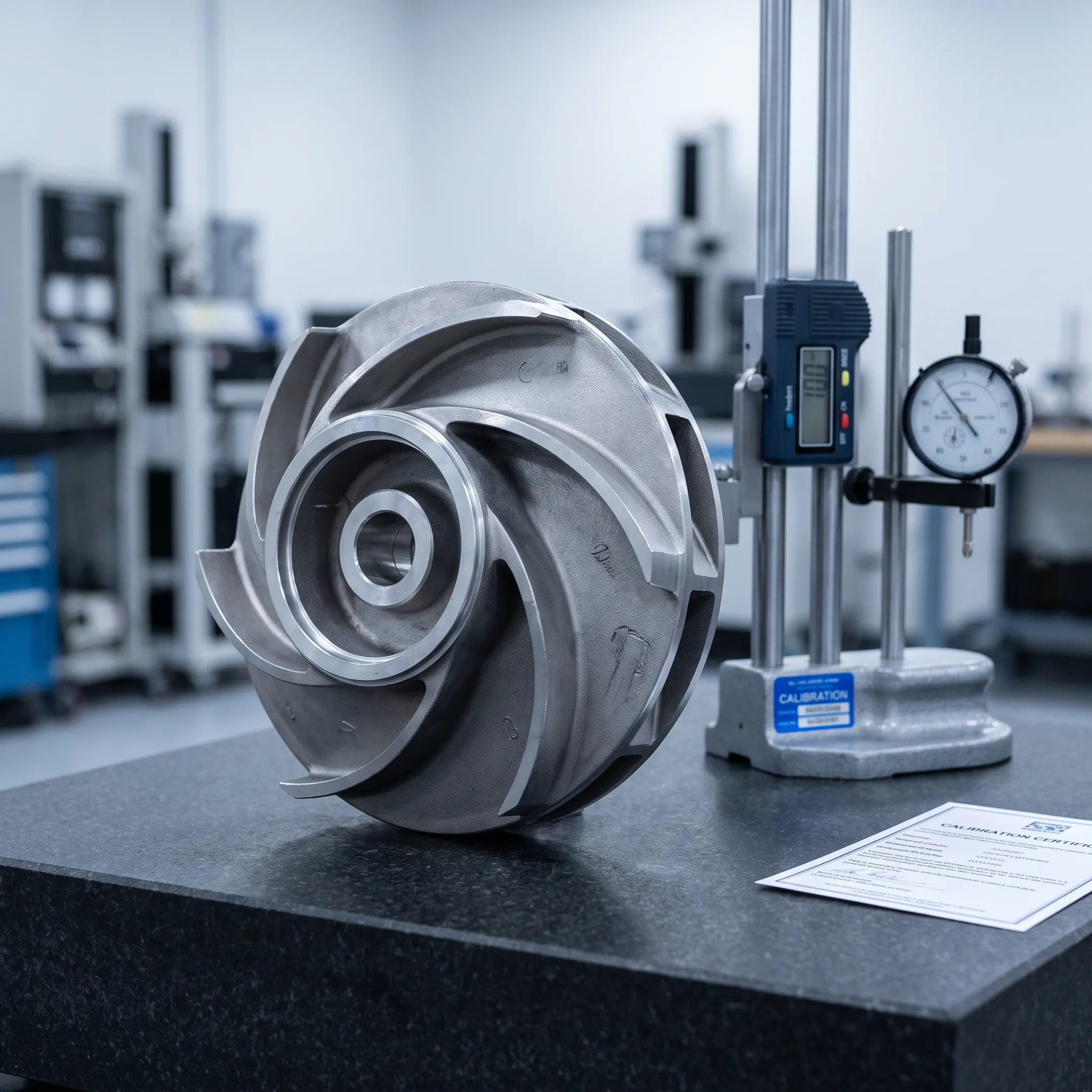 Finished pump impeller casting on an industrial inspection table