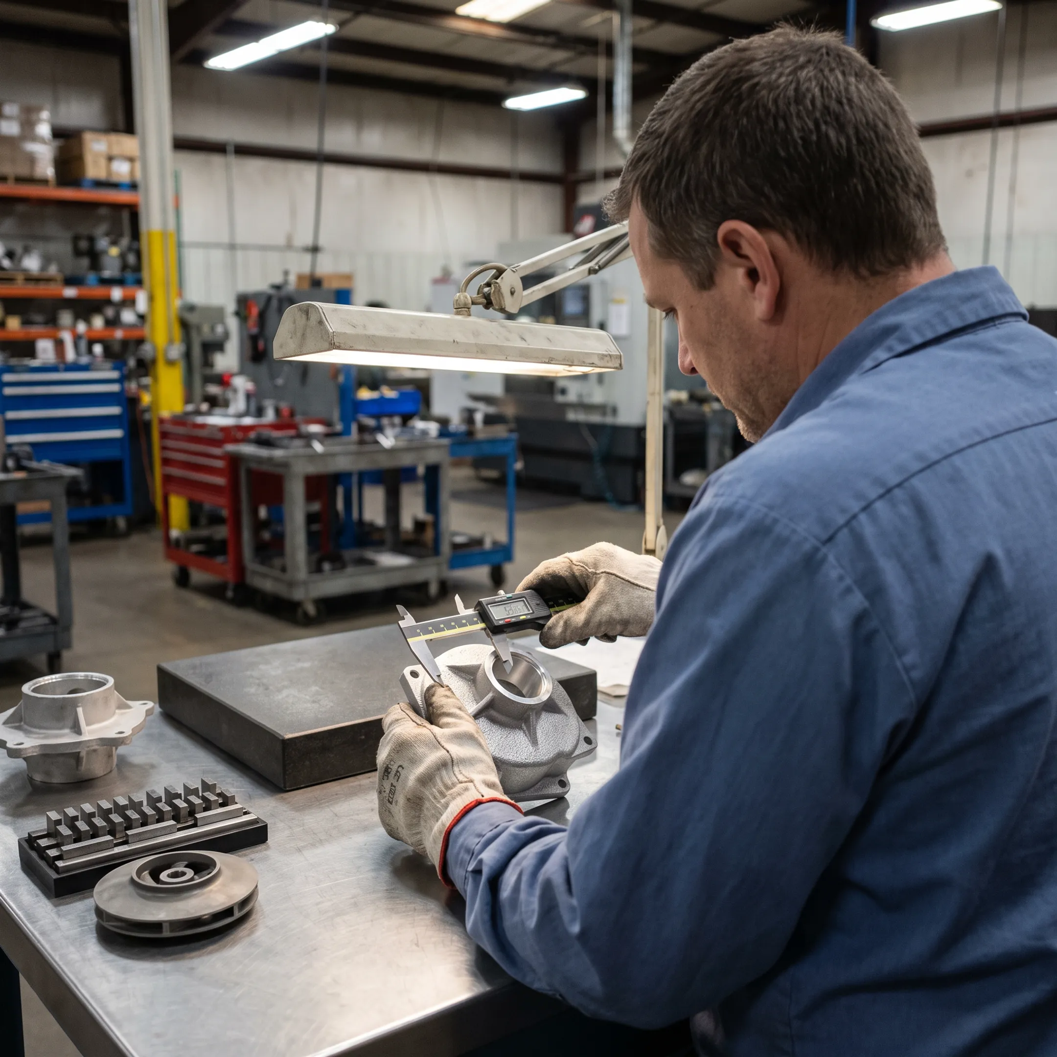 Technician inspecting precision cast metal components