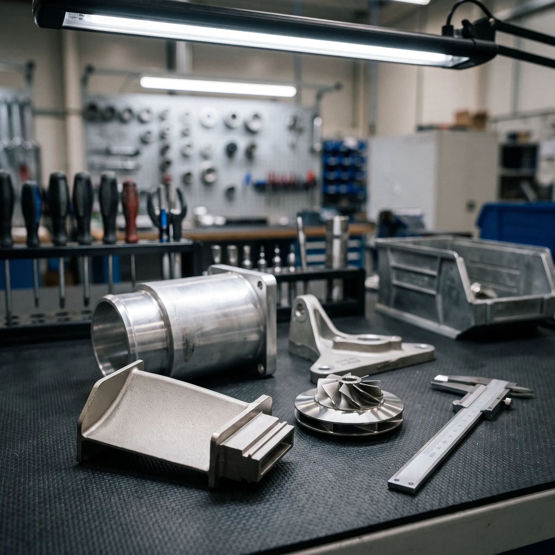 Precision cast metal components arranged in a manufacturing facility