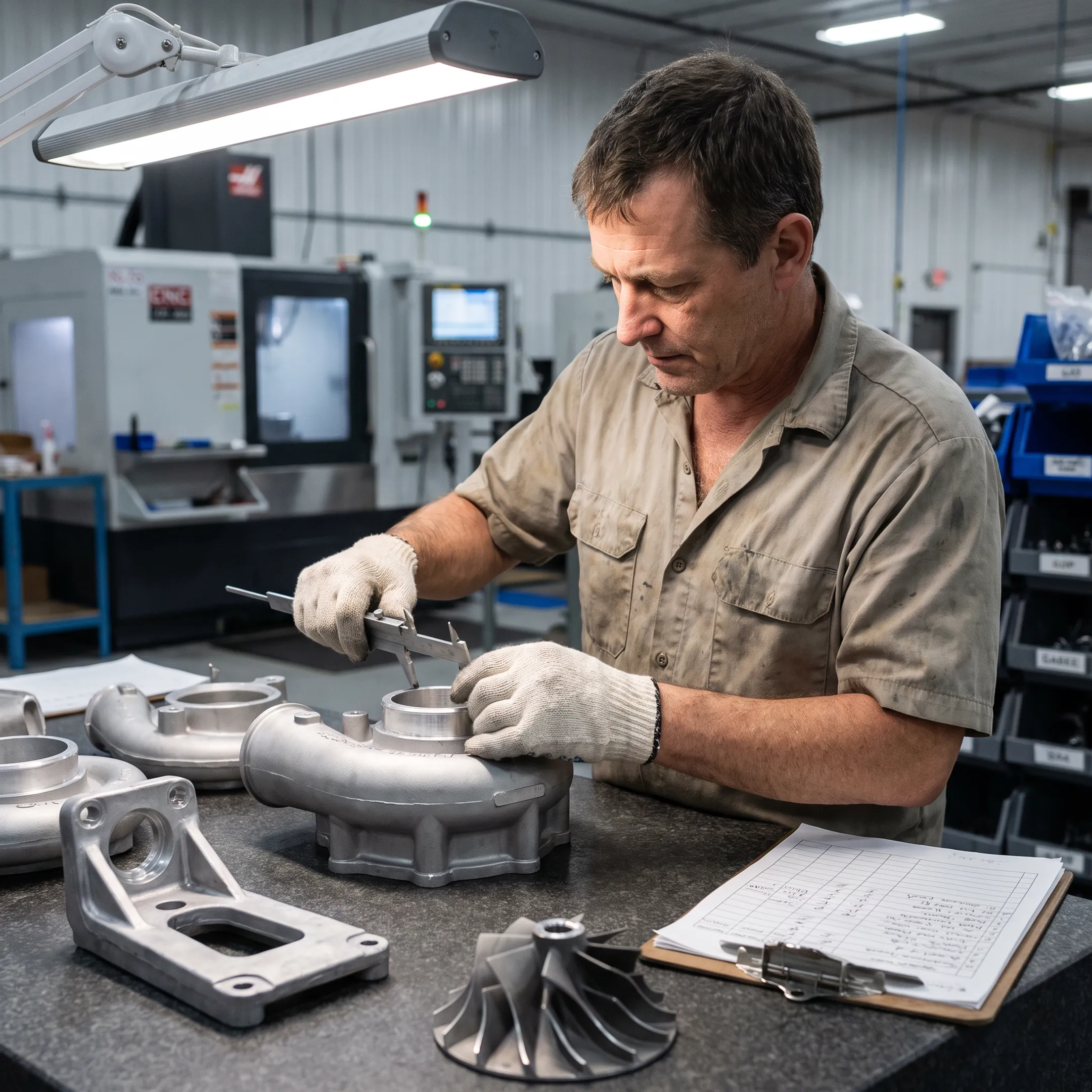 Technician inspecting precision cast metal components