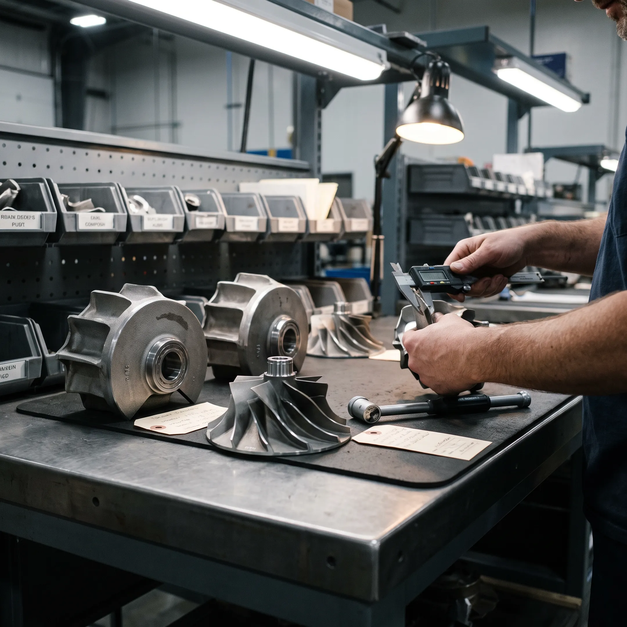Finished precision cast metal components after machining and inspection