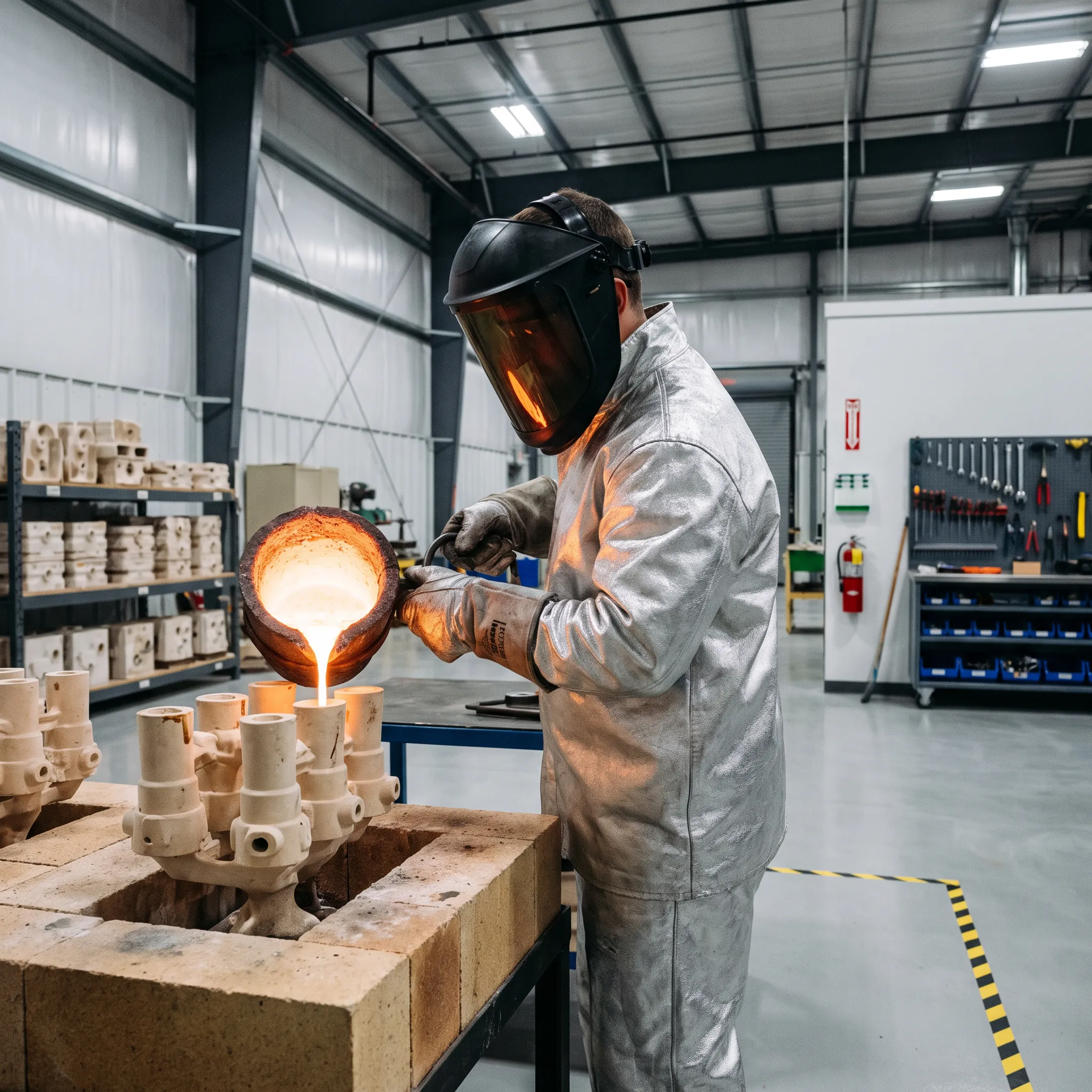 Industrial metal casting production in a manufacturing facility