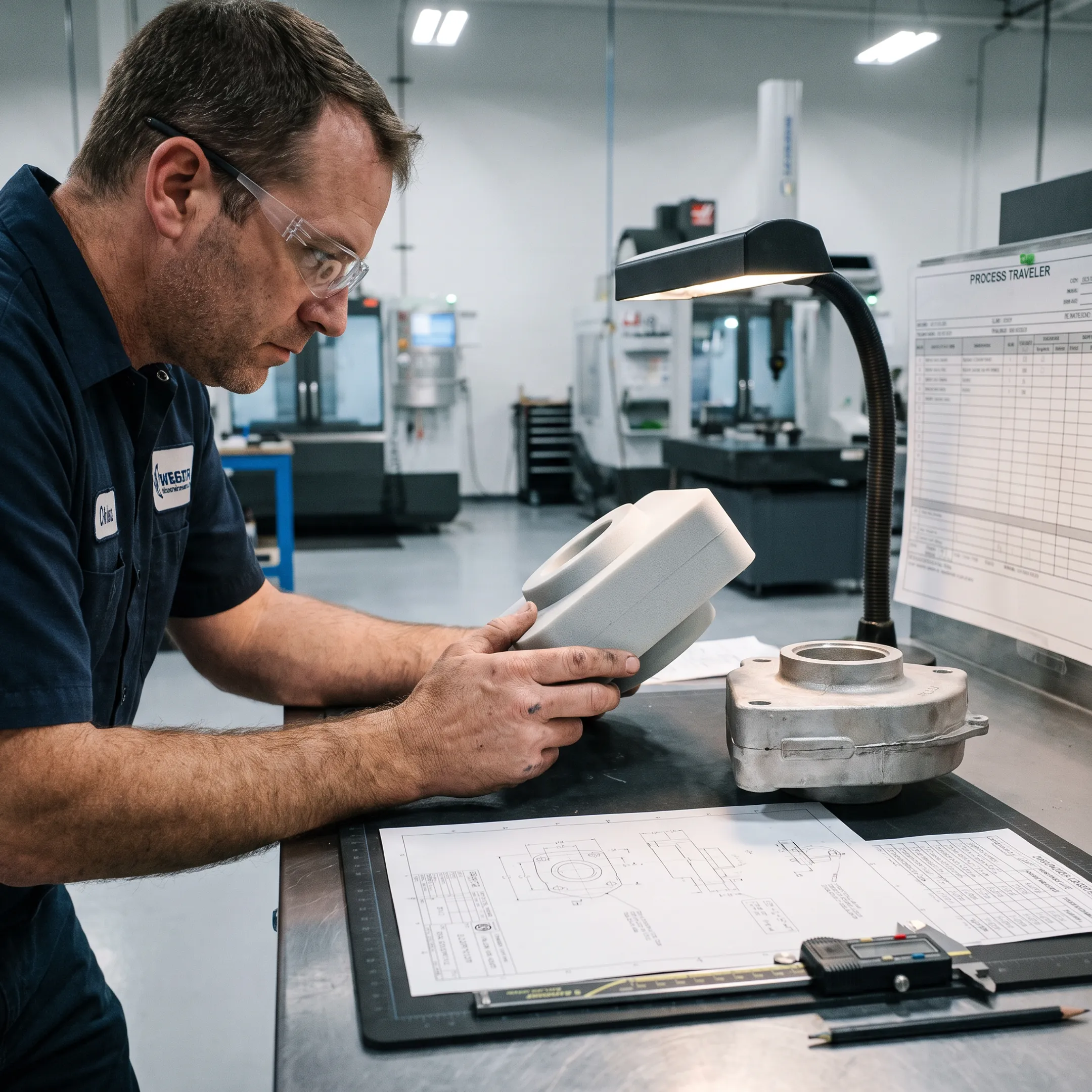 Engineer reviewing cast component design and foam pattern