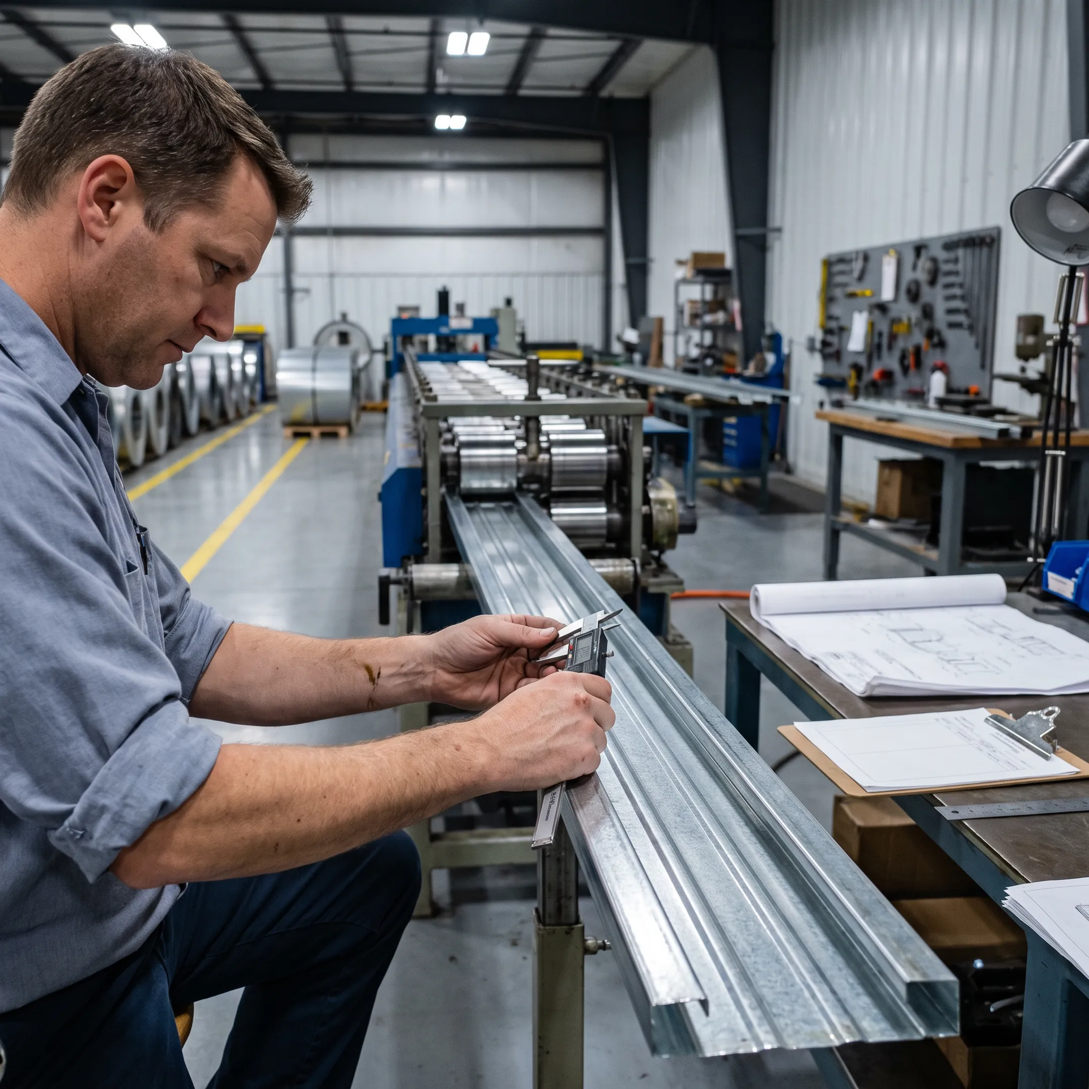 Engineer inspecting roll formed metal profile