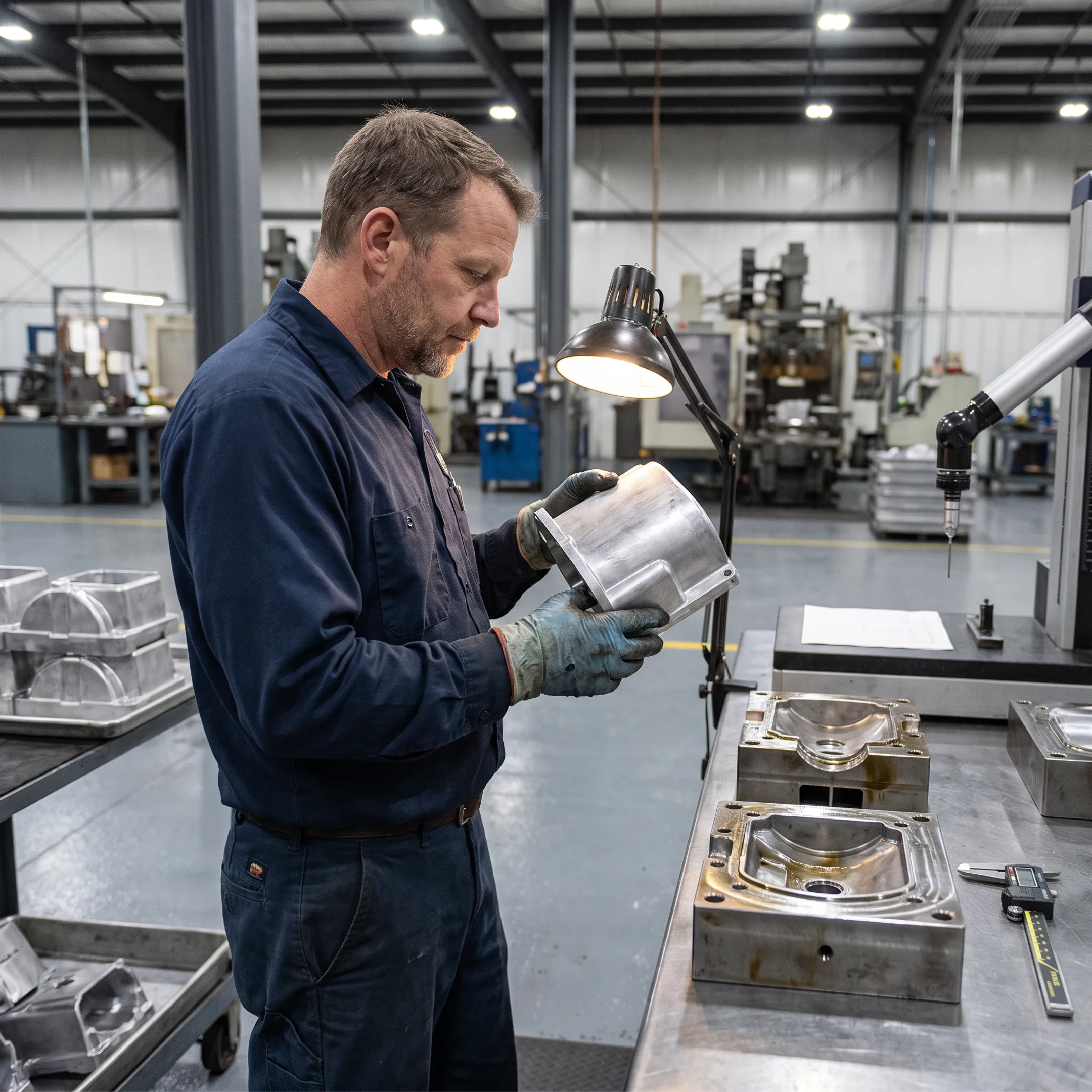 Technician inspecting an aluminum cast component