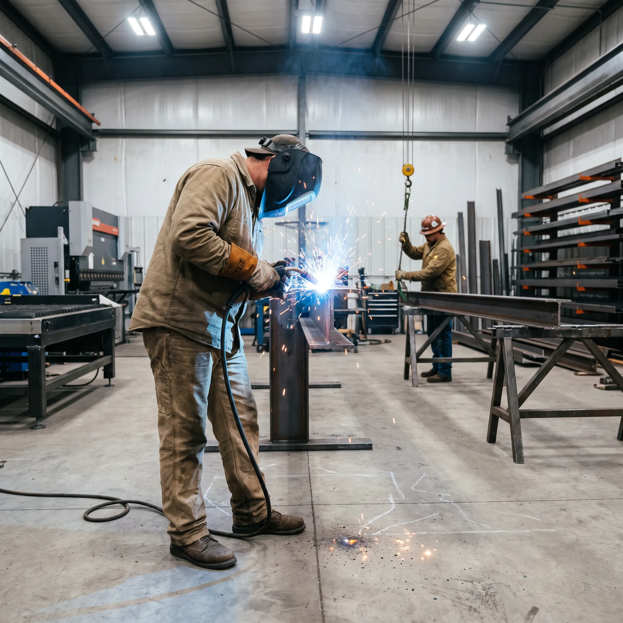 Structural steel fabrication in progress