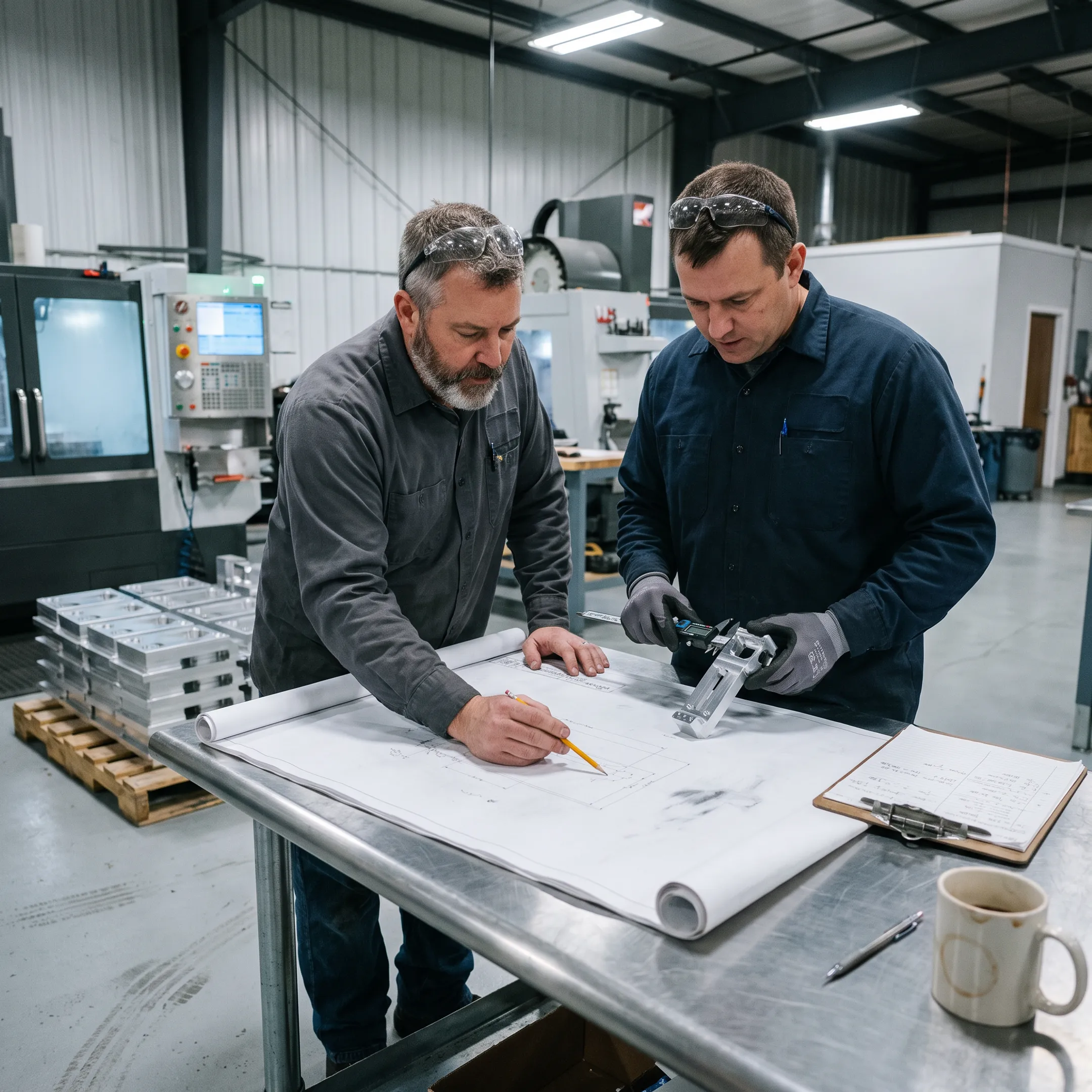 Manufacturing team reviewing custom metal part drawings