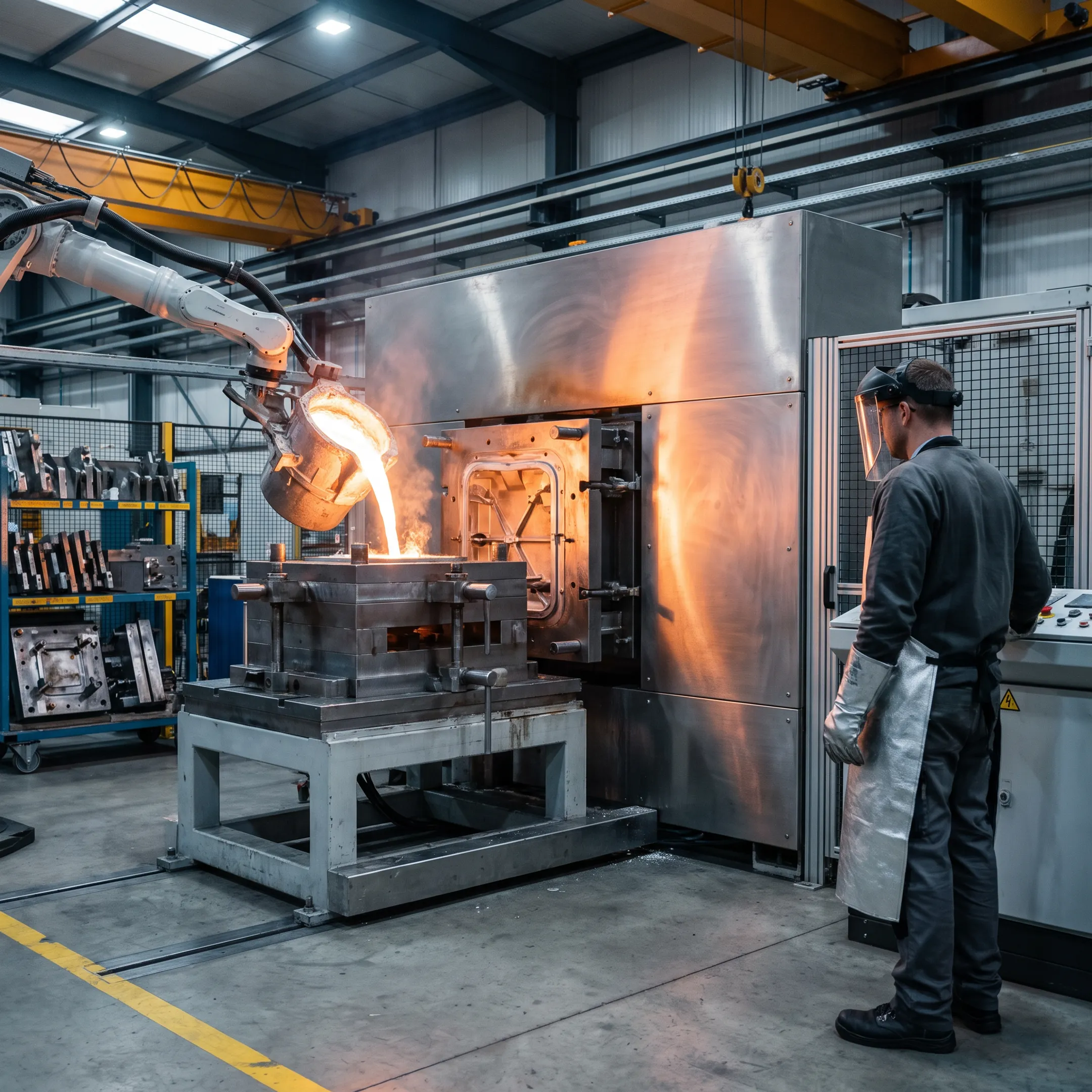 Industrial aluminium die casting manufacturing facility with molten metal pouring into casting molds