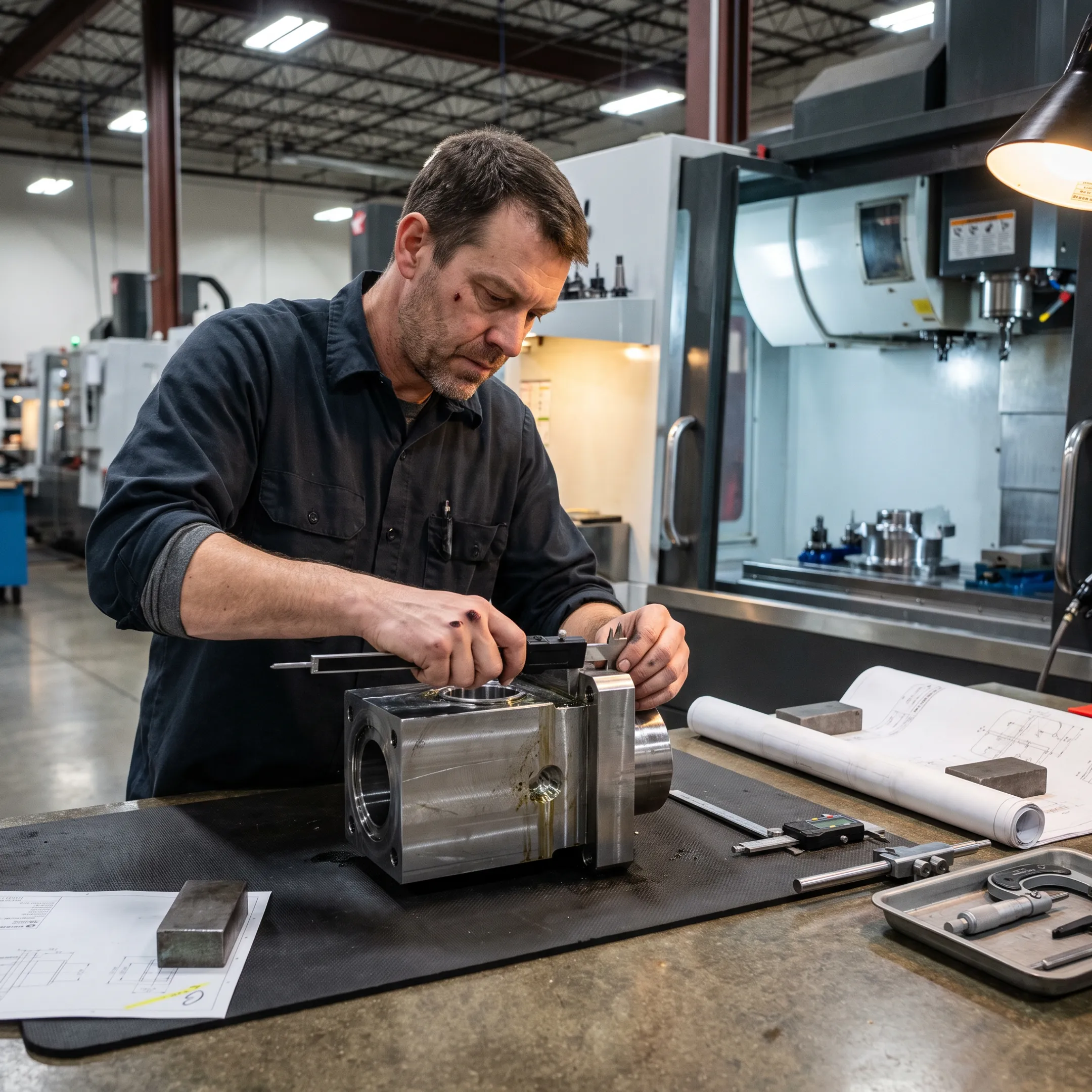 Engineer inspecting machined component