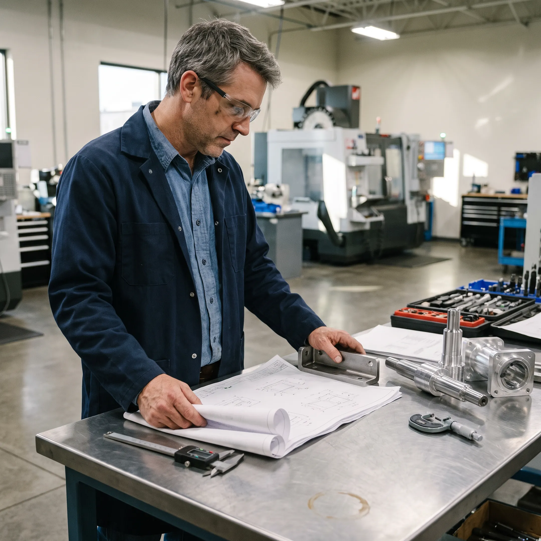 Engineer reviewing custom metal fabrication drawings