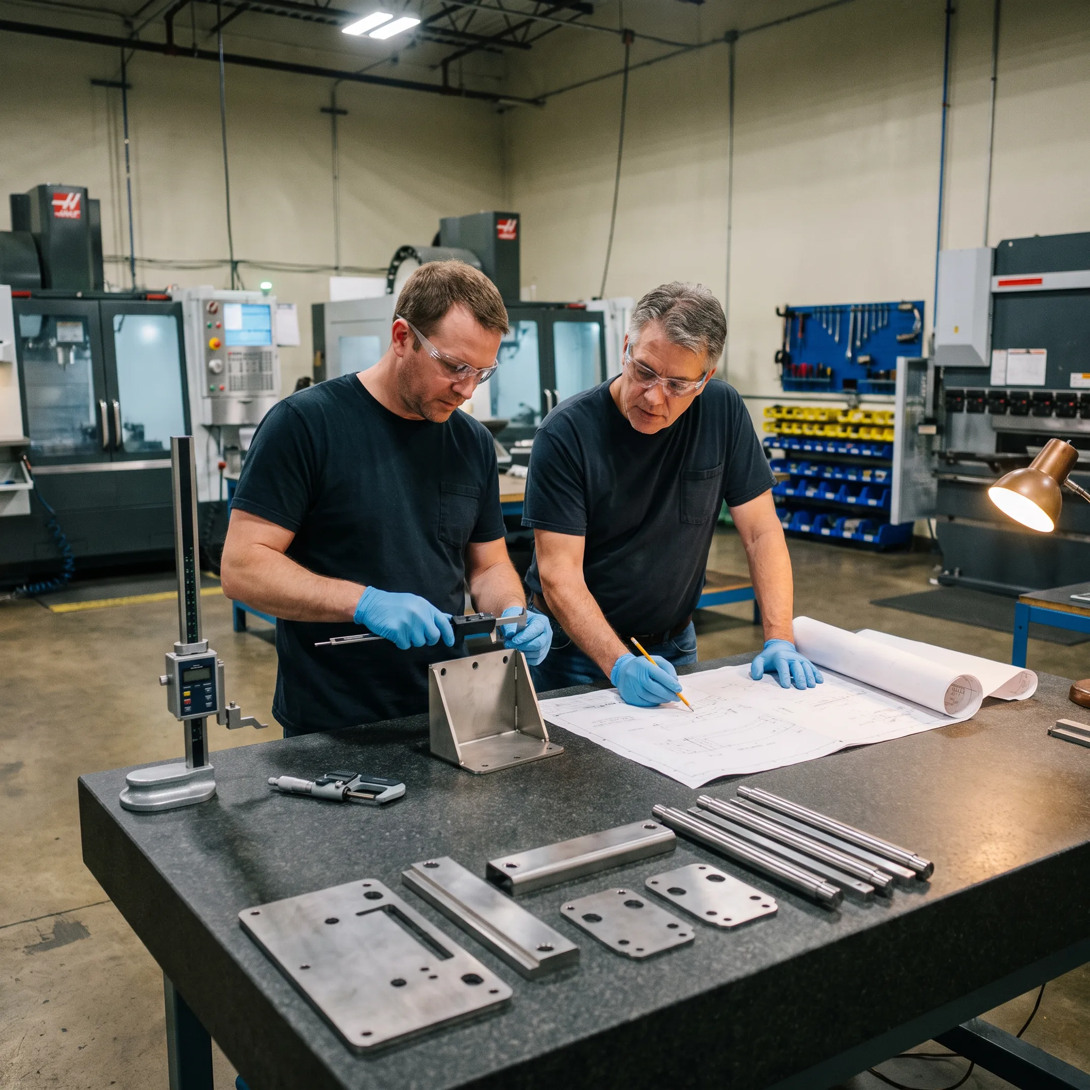 Fabrication team reviewing stainless steel parts