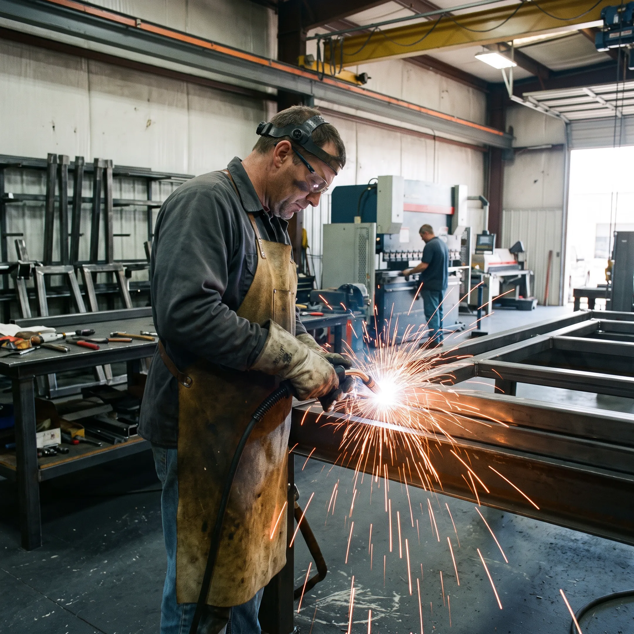 Steel fabrication work in an industrial shop