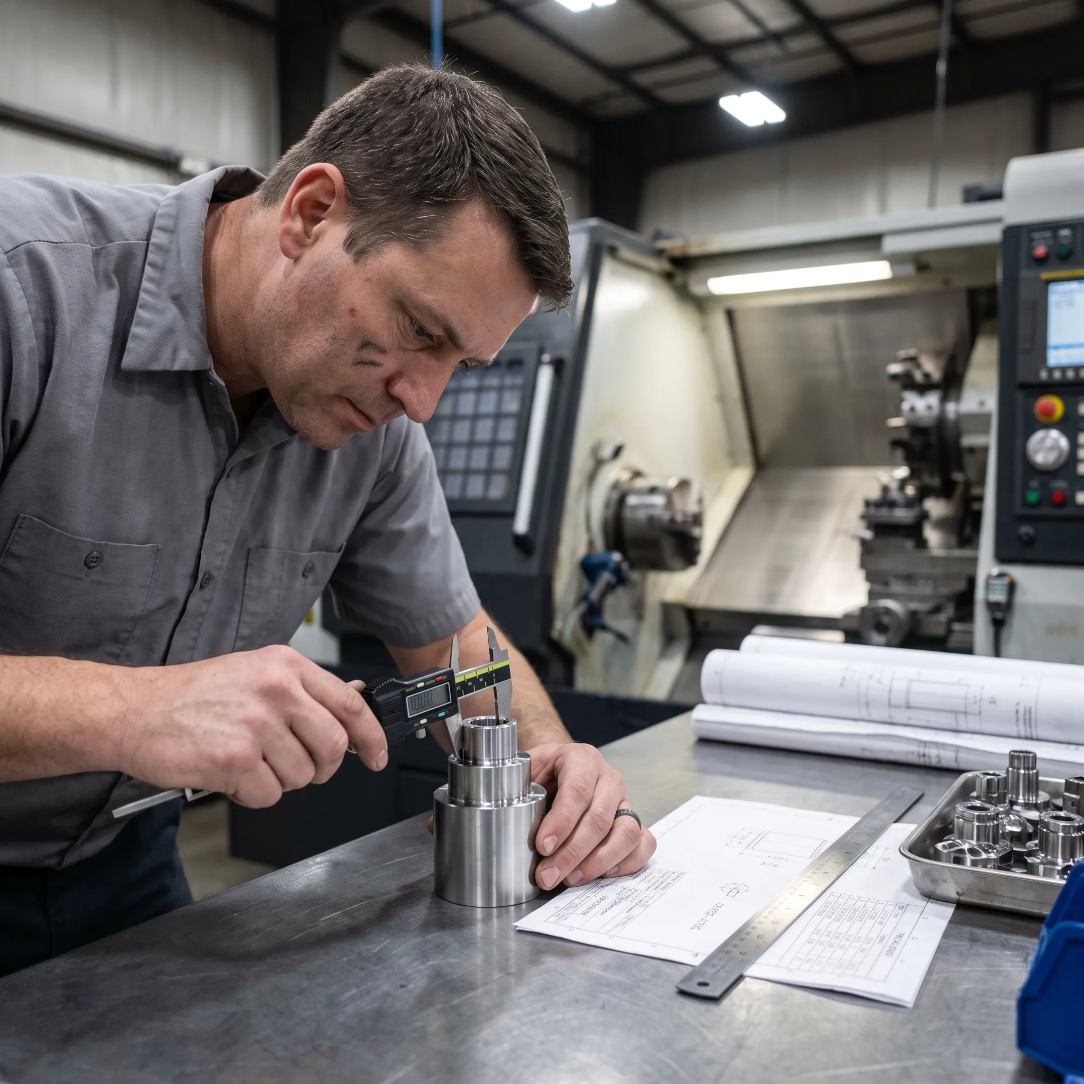 Engineer inspecting CNC turned parts during production
