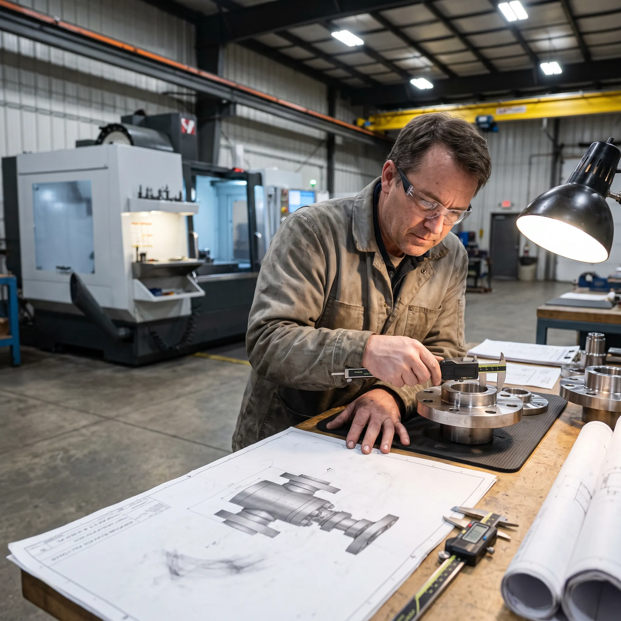 Engineer inspecting manufactured oil and gas components