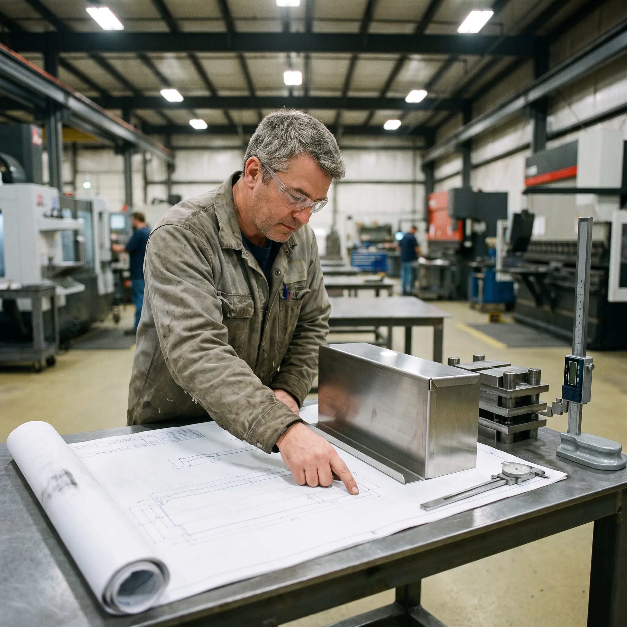 Engineer reviewing stainless steel fabrication drawings