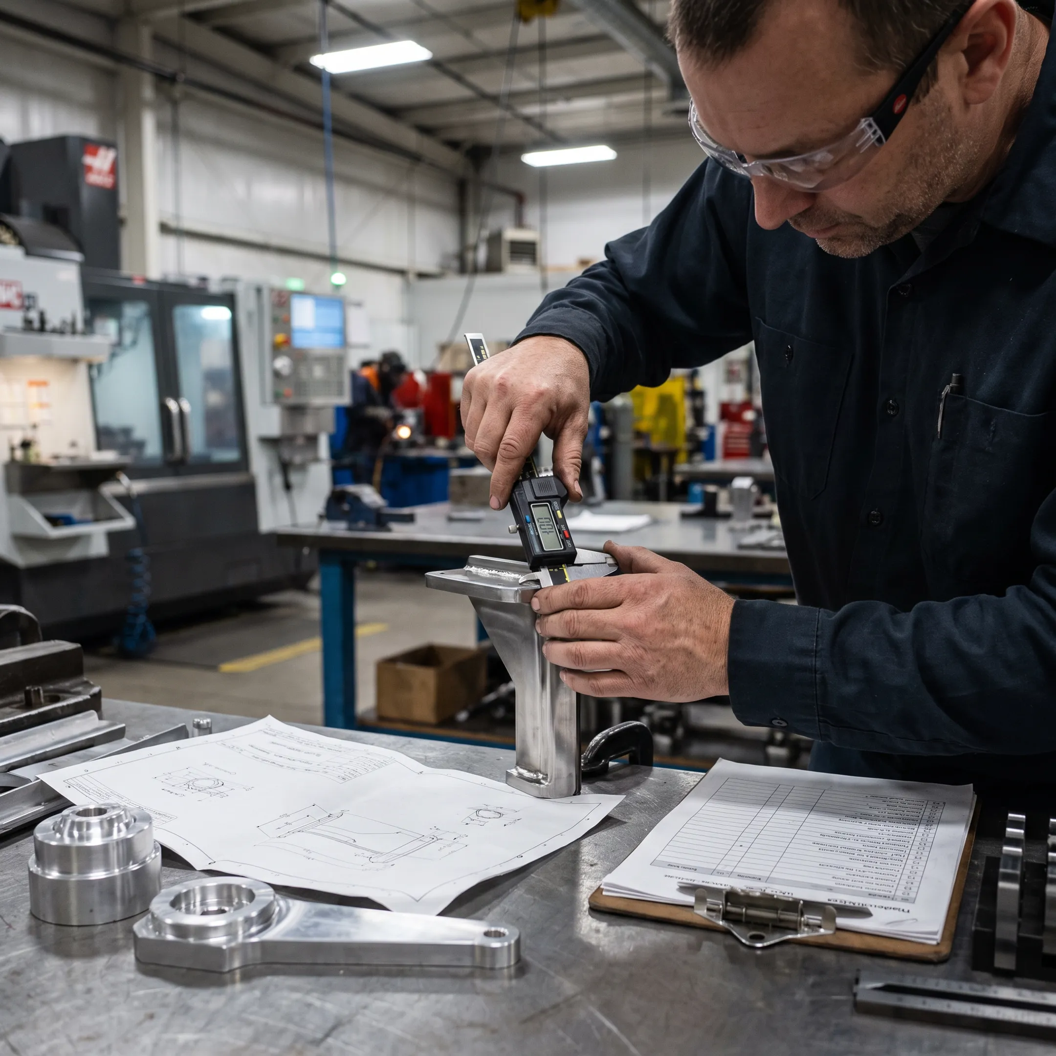 Technician inspecting a custom fabricated steel assembly