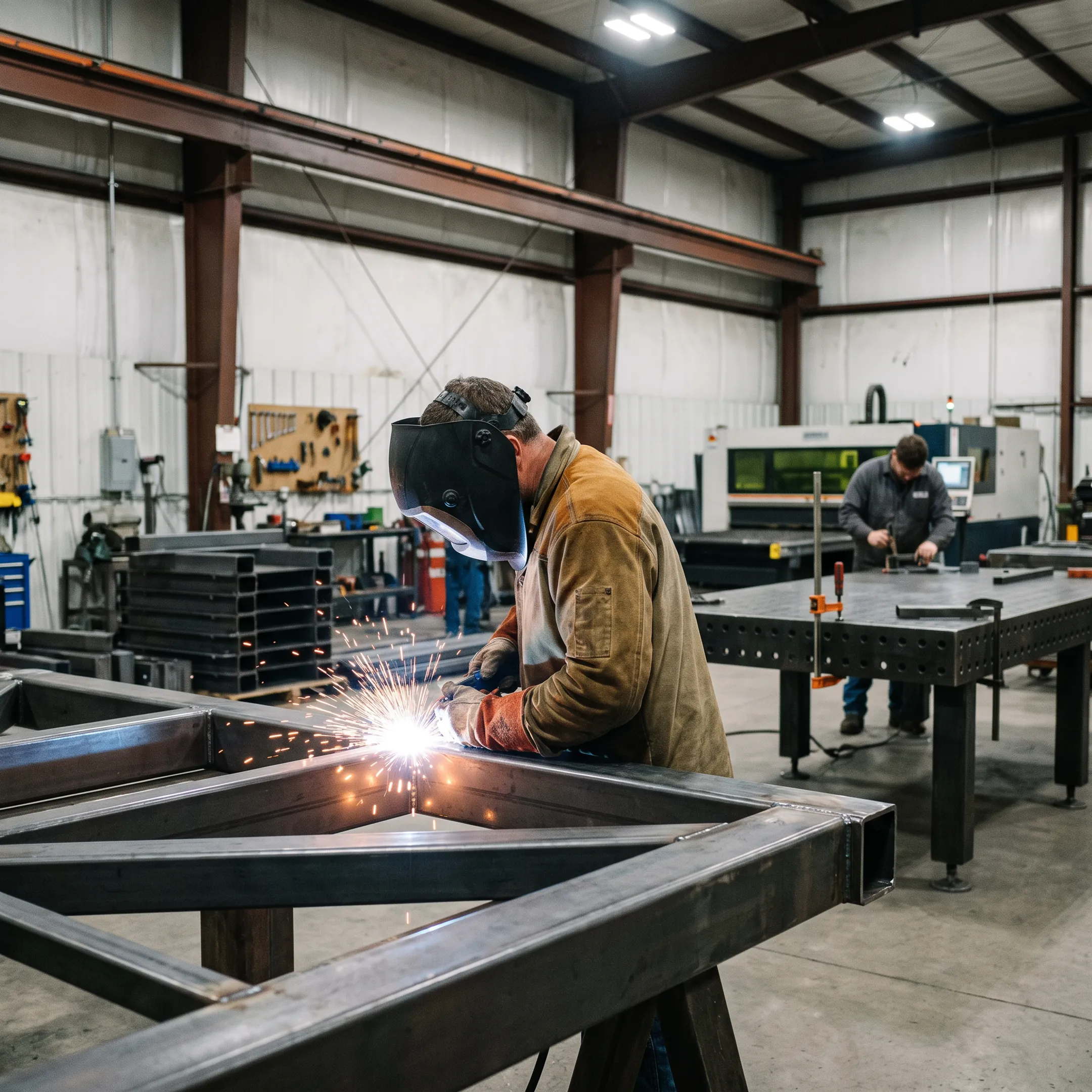 Custom steel fabrication shop with welded metal components
