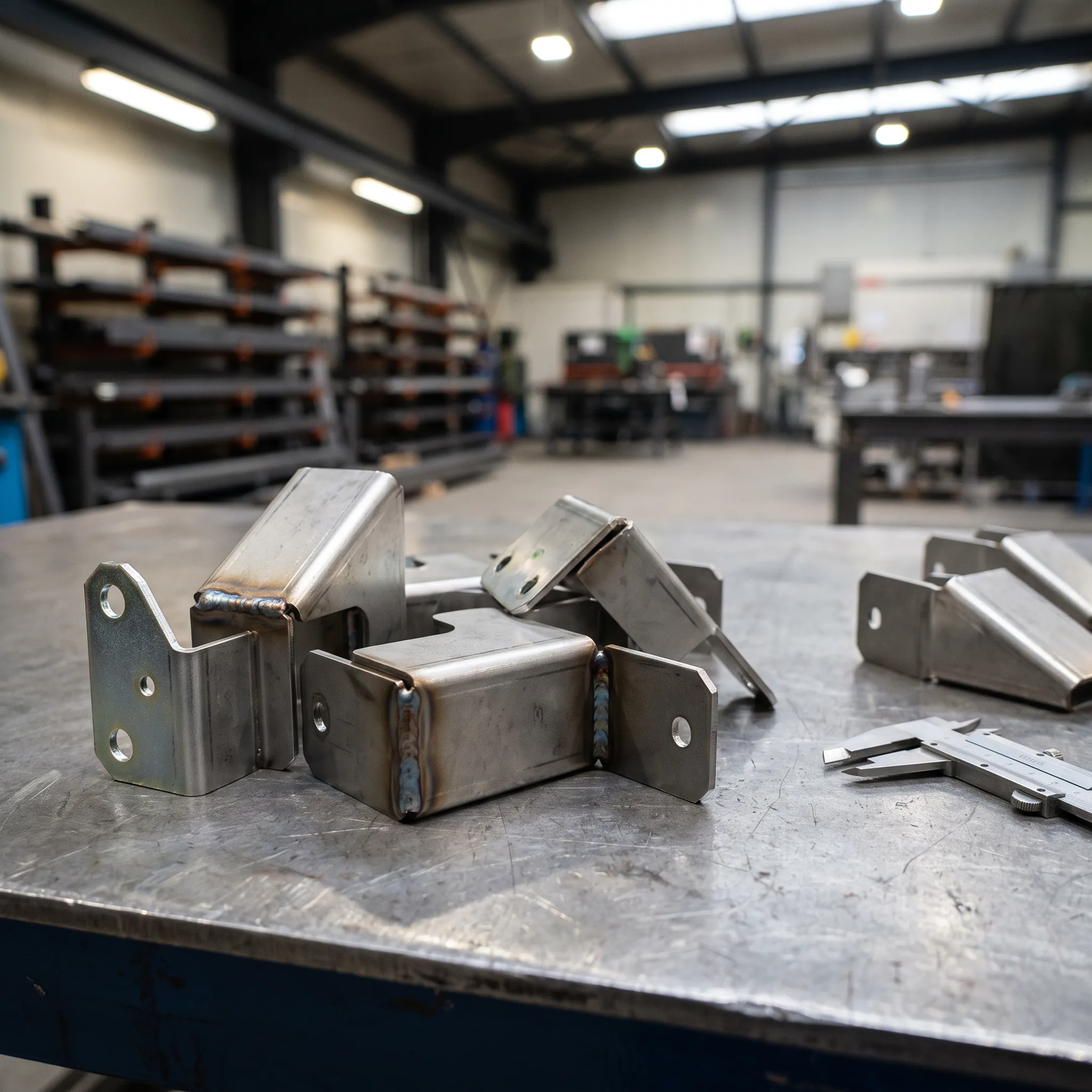 Fabricated sheet metal components on workbench