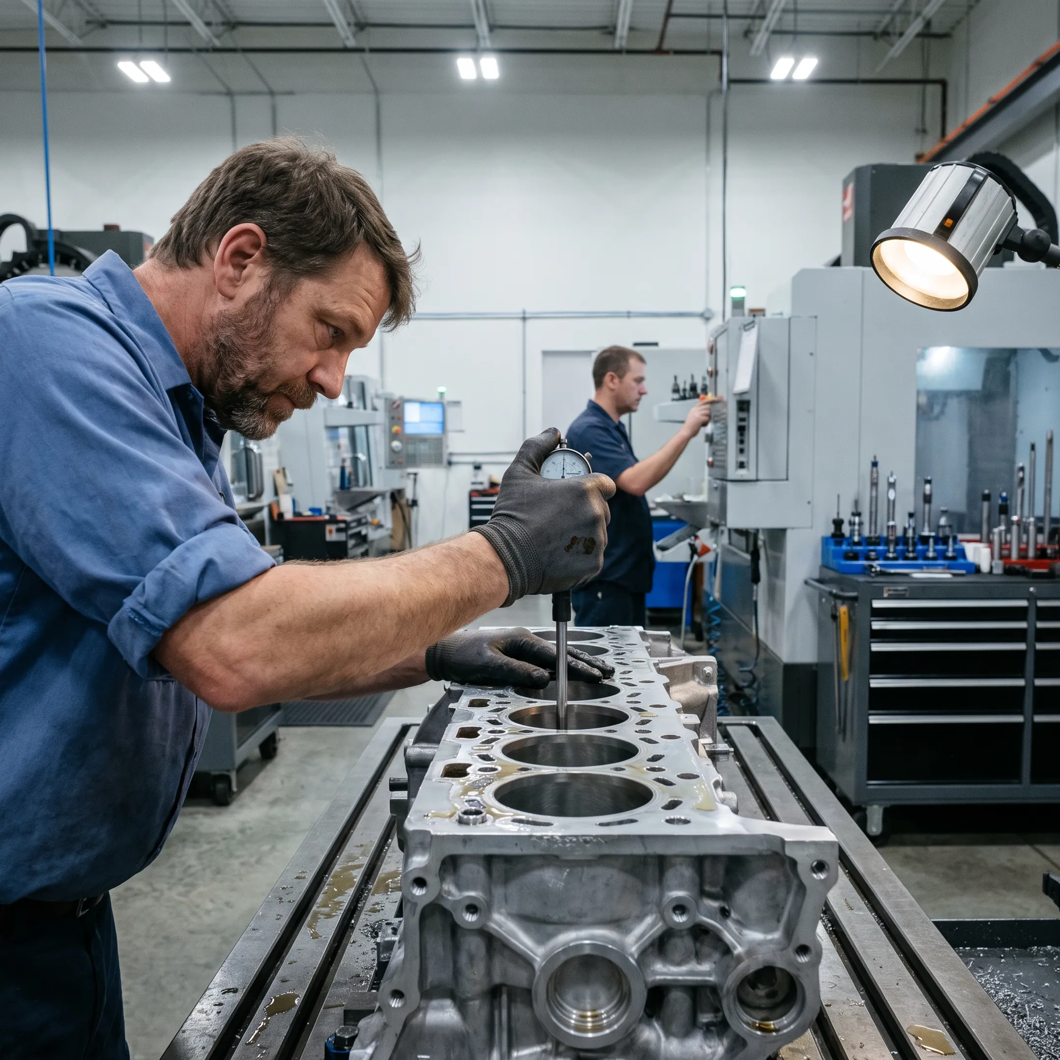 Engine block remanufacturing in an auto machine shop