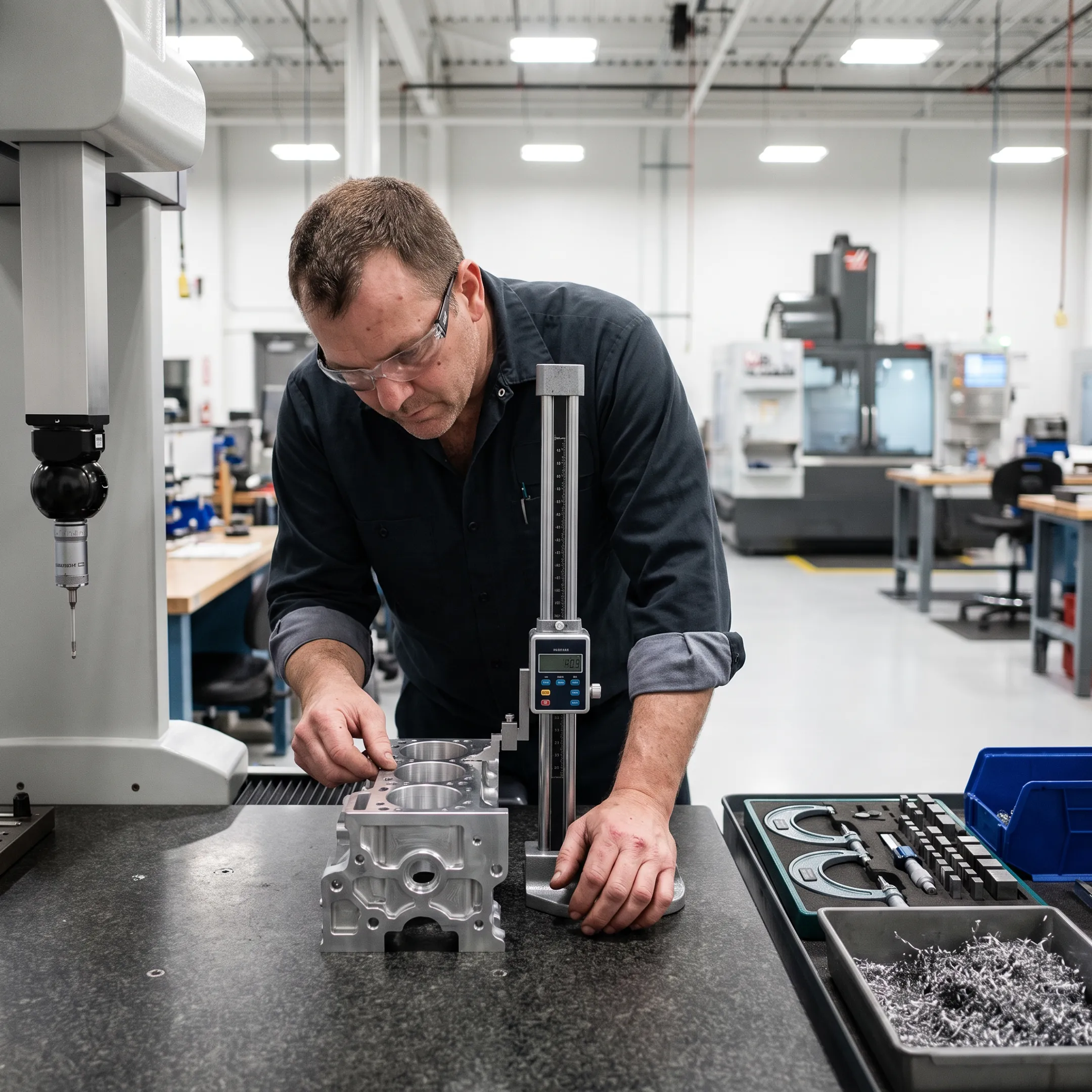 Technician inspecting a remanufactured engine block