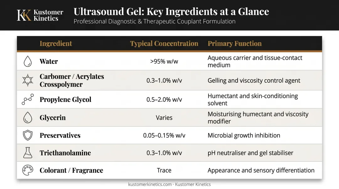 Ultrasound gel ingredient breakdown table showing concentration and function of each component
