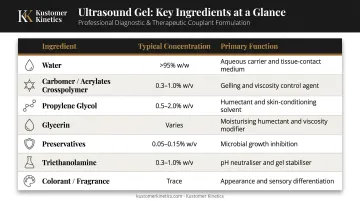 Ultrasound gel ingredient breakdown table showing concentration and function of each component