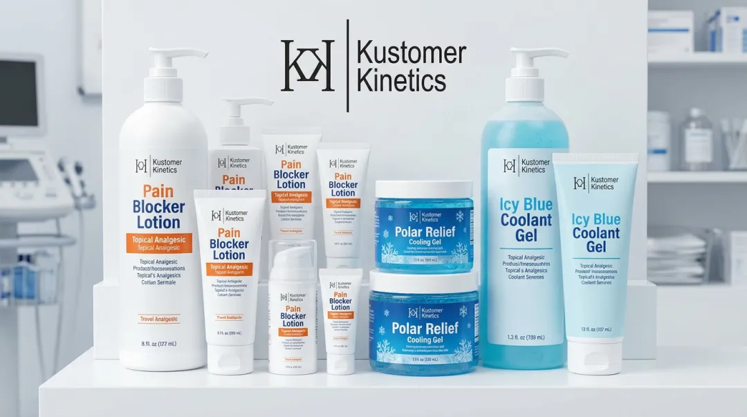 Kustomer Kinetics professional topical analgesic product line including Pain Blocker lotion and cooling gels