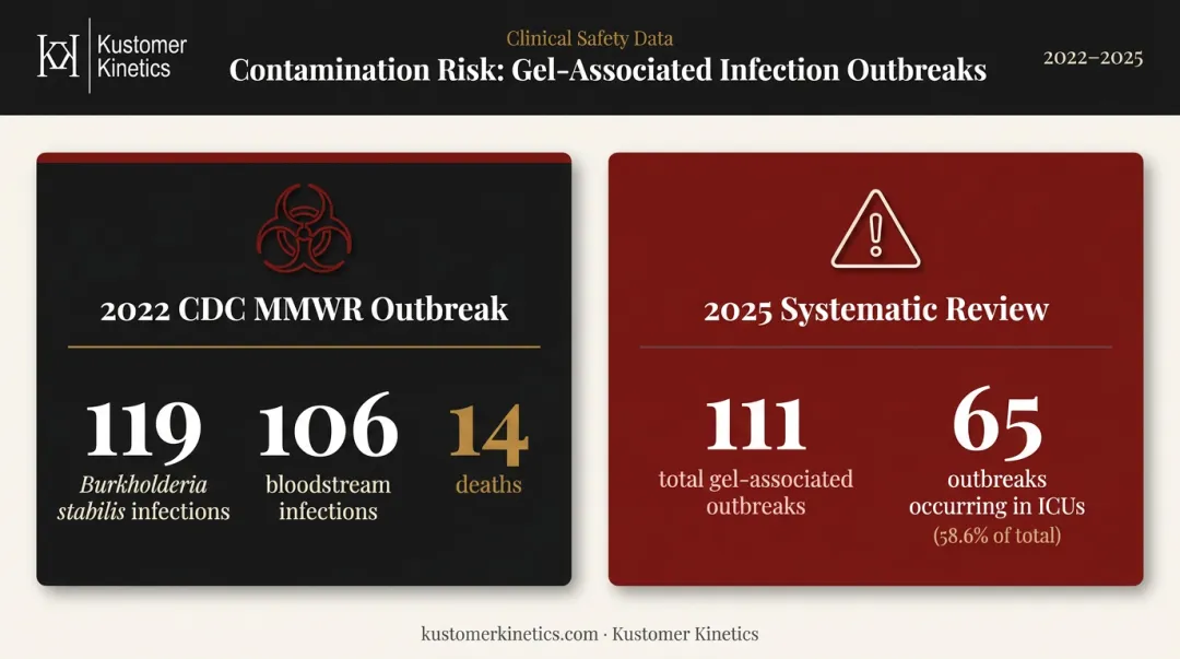 Ultrasound gel contamination outbreak statistics showing infections and deaths data