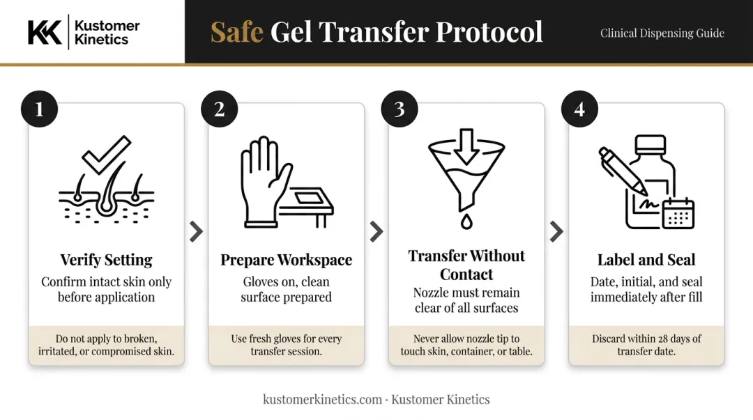 4-step ultrasound gel safe transfer process flow from verification to labeling