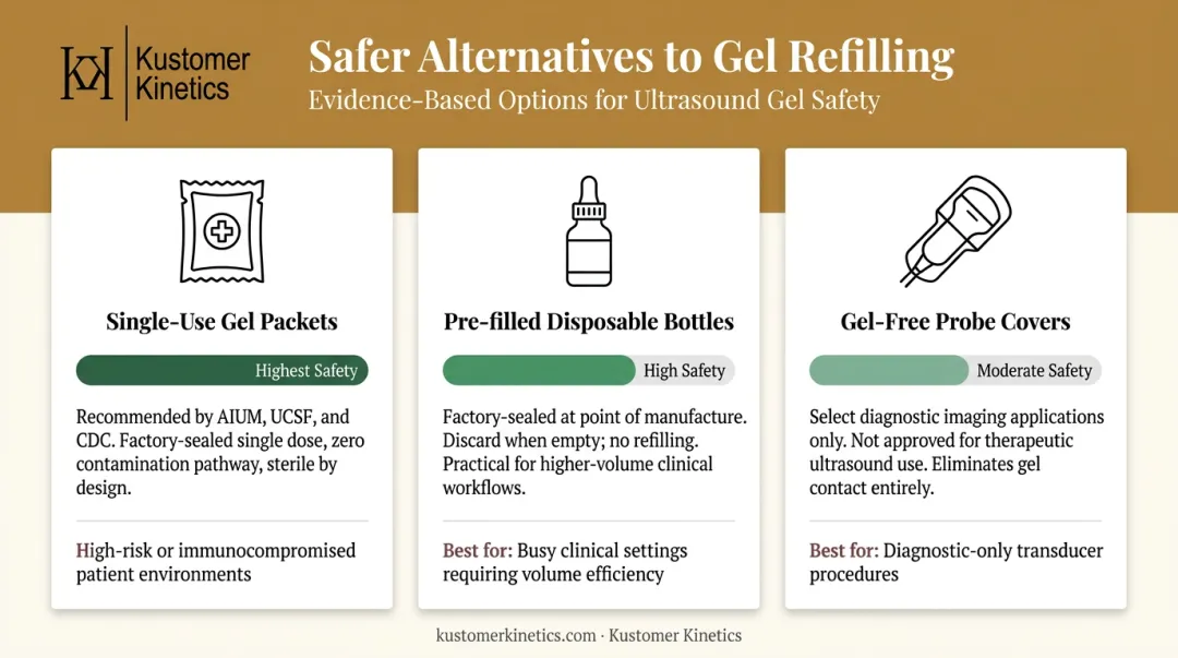 Three ultrasound gel dispensing alternatives comparison single-use packets pre-filled bottles gel-free covers