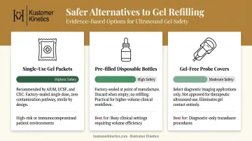 Three ultrasound gel dispensing alternatives comparison single-use packets pre-filled bottles gel-free covers